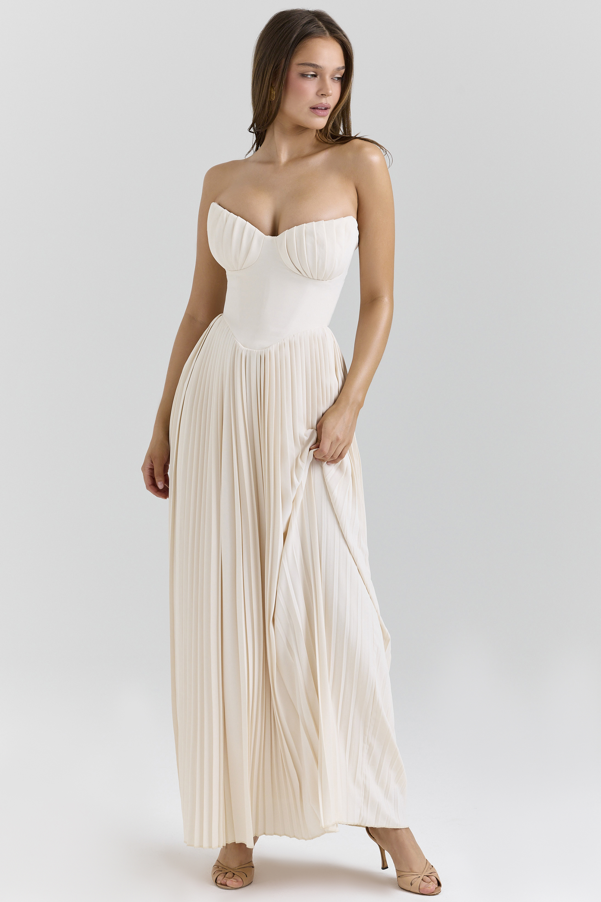 Marcella Ivory Georgette Pleated Maxi Dress