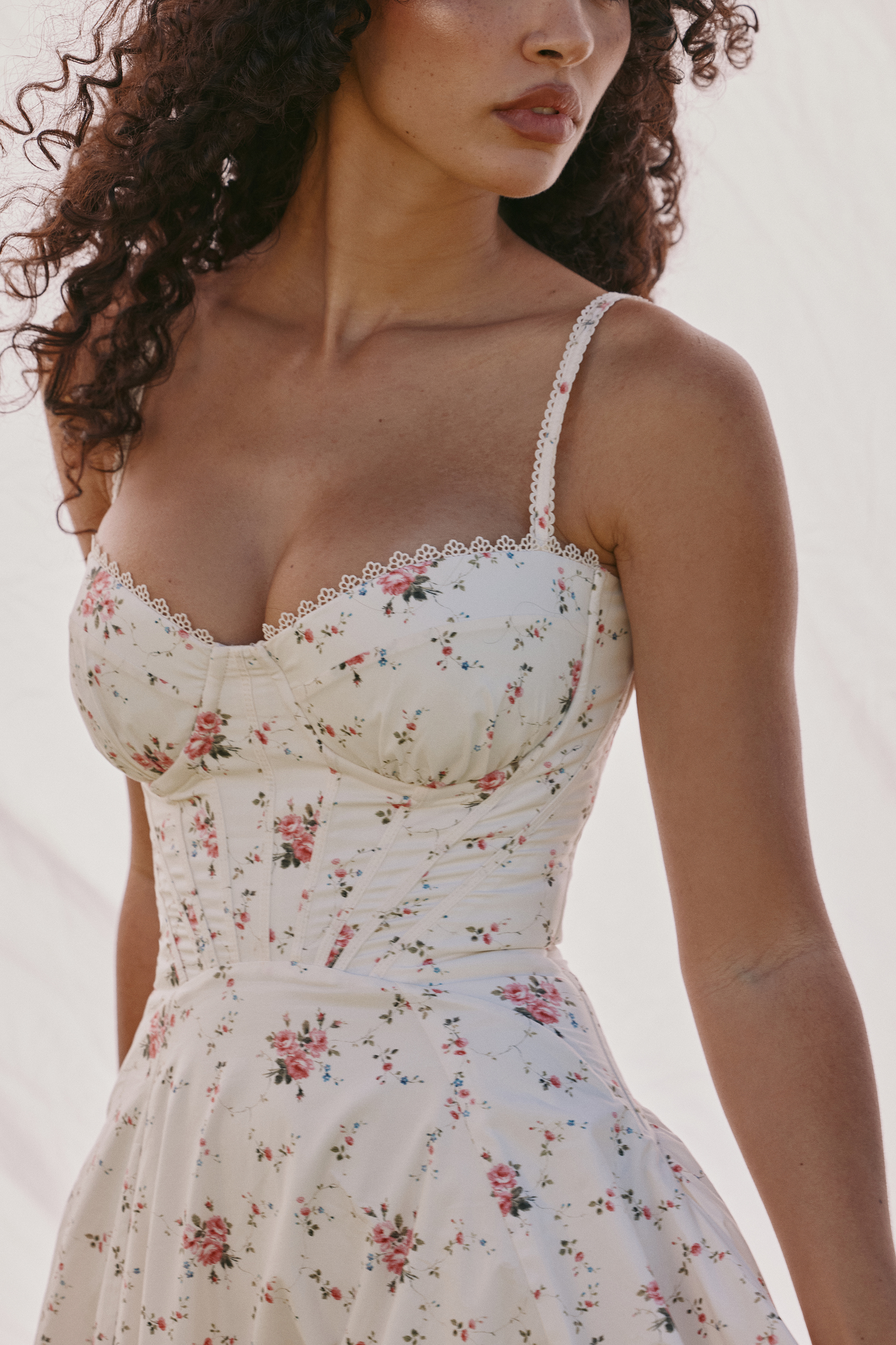 Steffani White Stretch Cotton Rose Print Midi Sundress