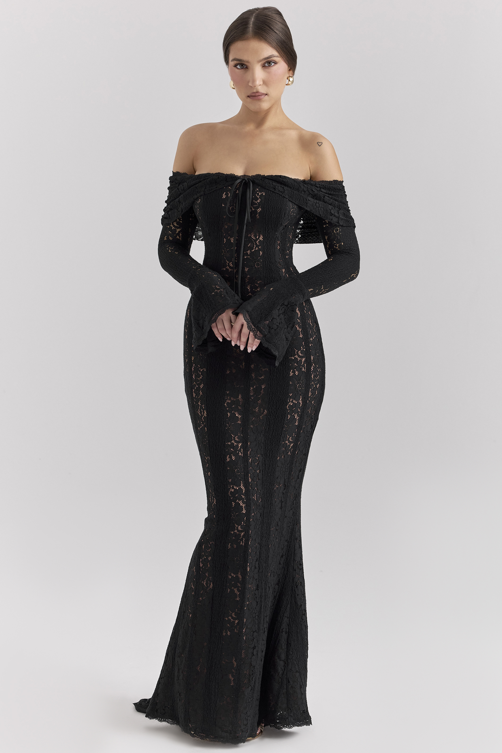 Belle Black Off Shoulder Floral Lace Maxi Dress