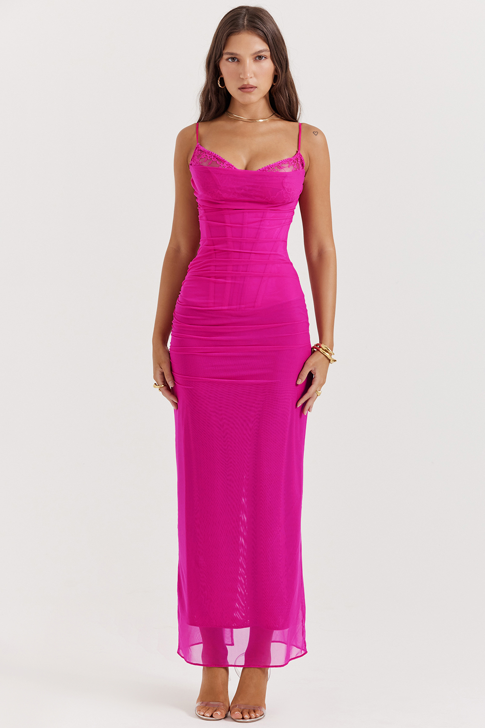 Nalini Fuchsia Stretch Mesh Maxi Dress