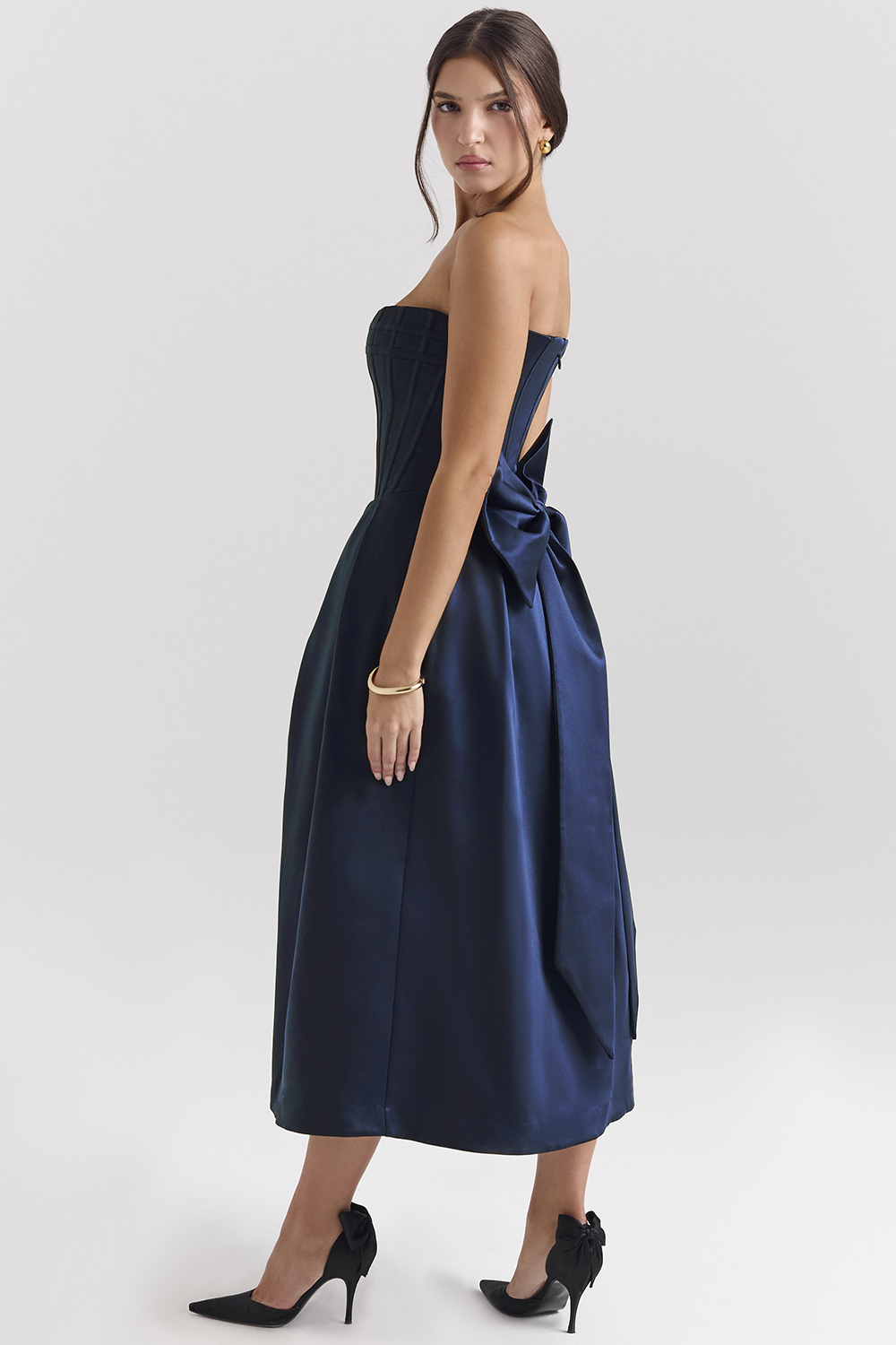 Bellina Midnight Blue Strapless Detachable Bow Midi Dress
