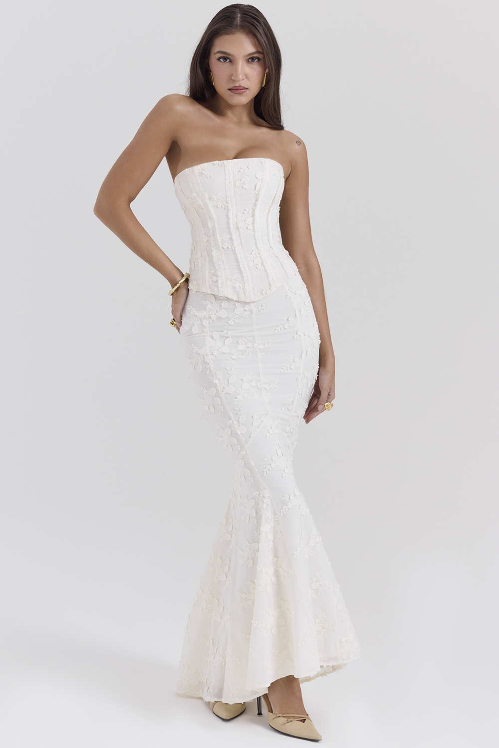 Veronica Vintage Ivory Embroidered Godet Maxi Skirt