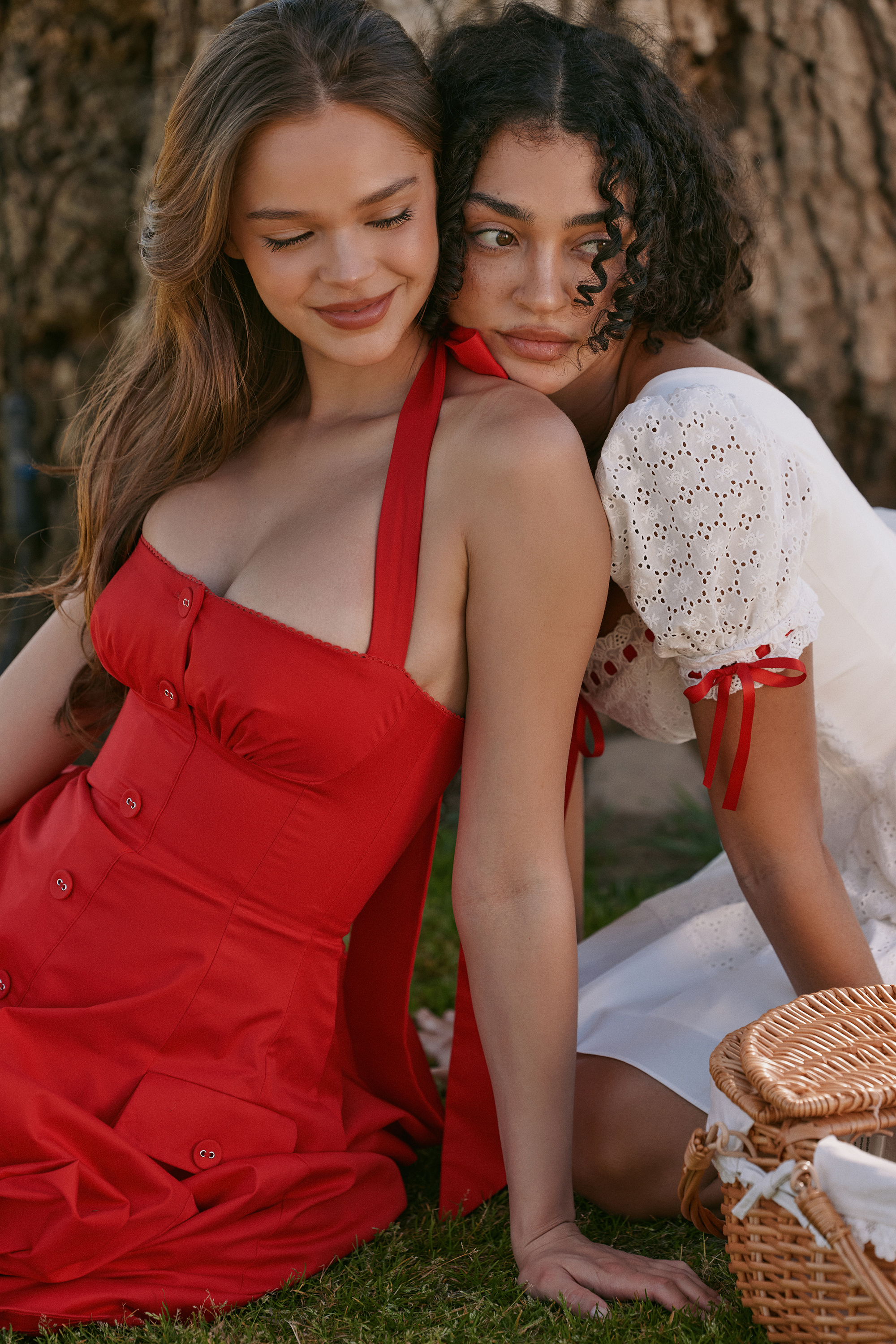 Claudia Red Stretch Cotton Button Halter Neck Midi Dress