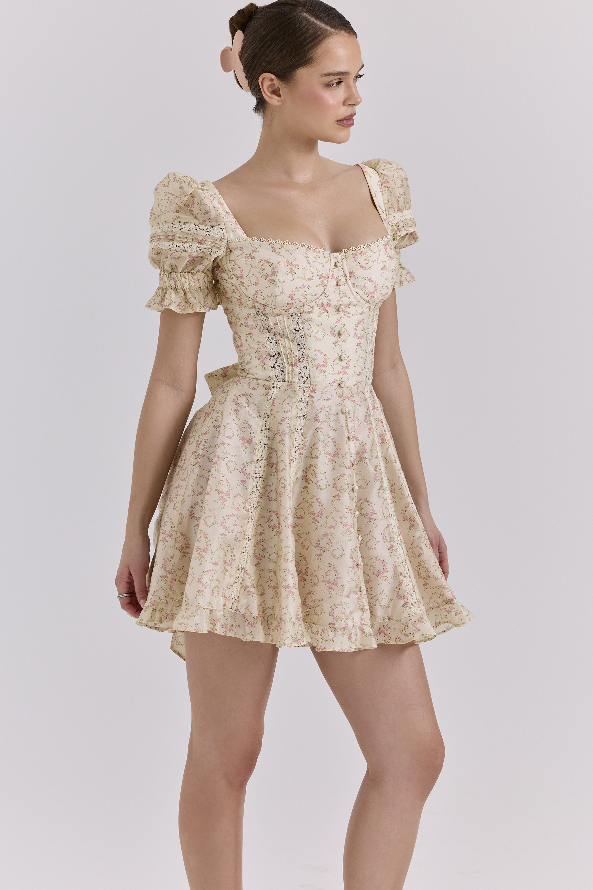 Melita Cream Floral Print Chiffon Puff Sleeve Mini Dress