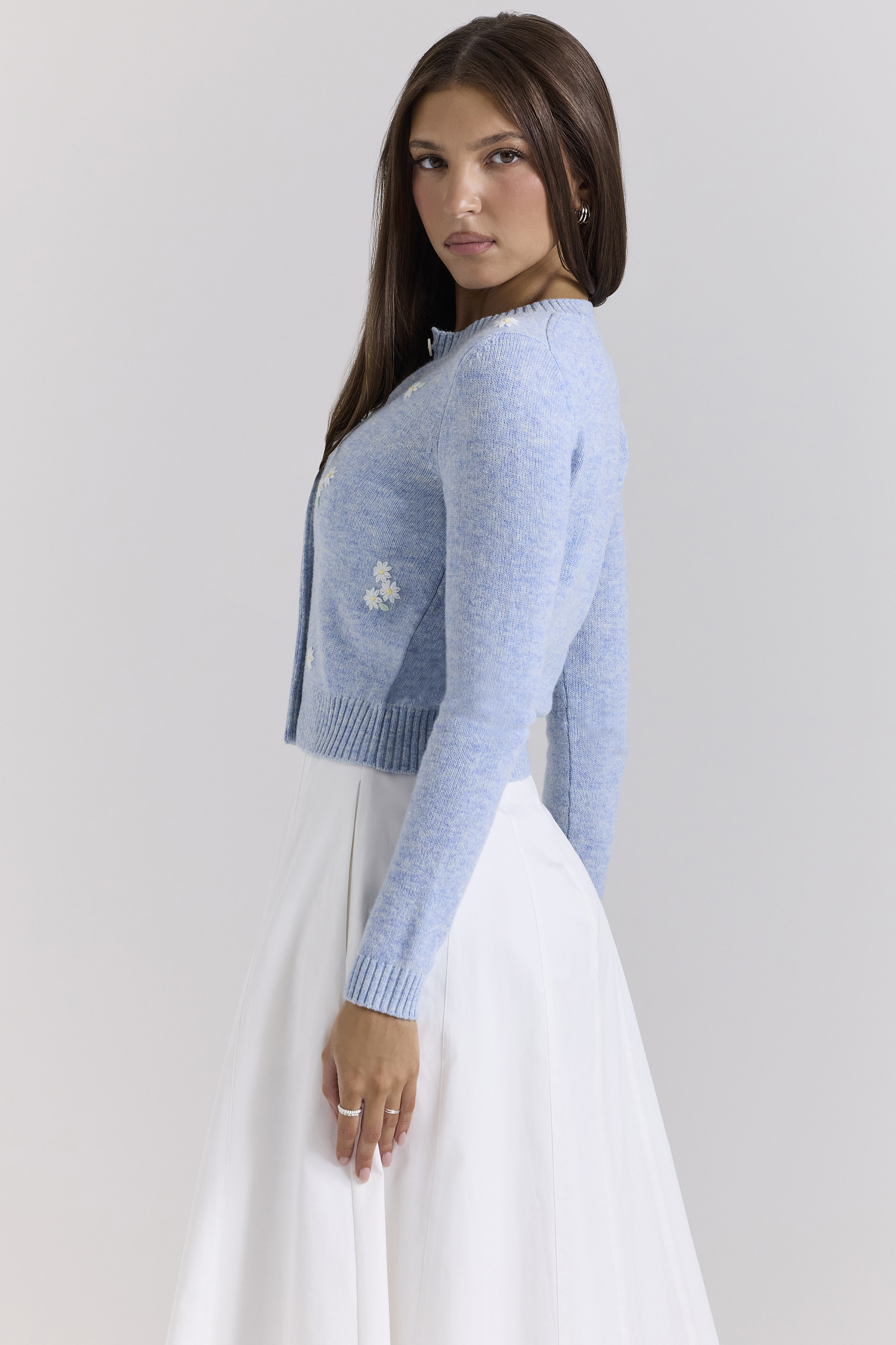 Atheia Blue Lambswool Floral Embroidered Cardigan