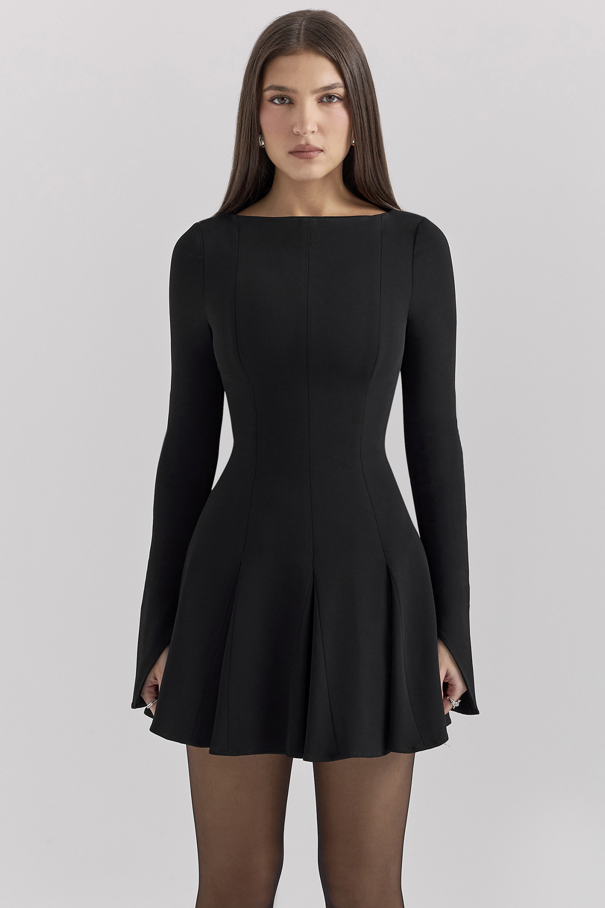 Francesca Black Stretch Crepe Godet Mini Dress