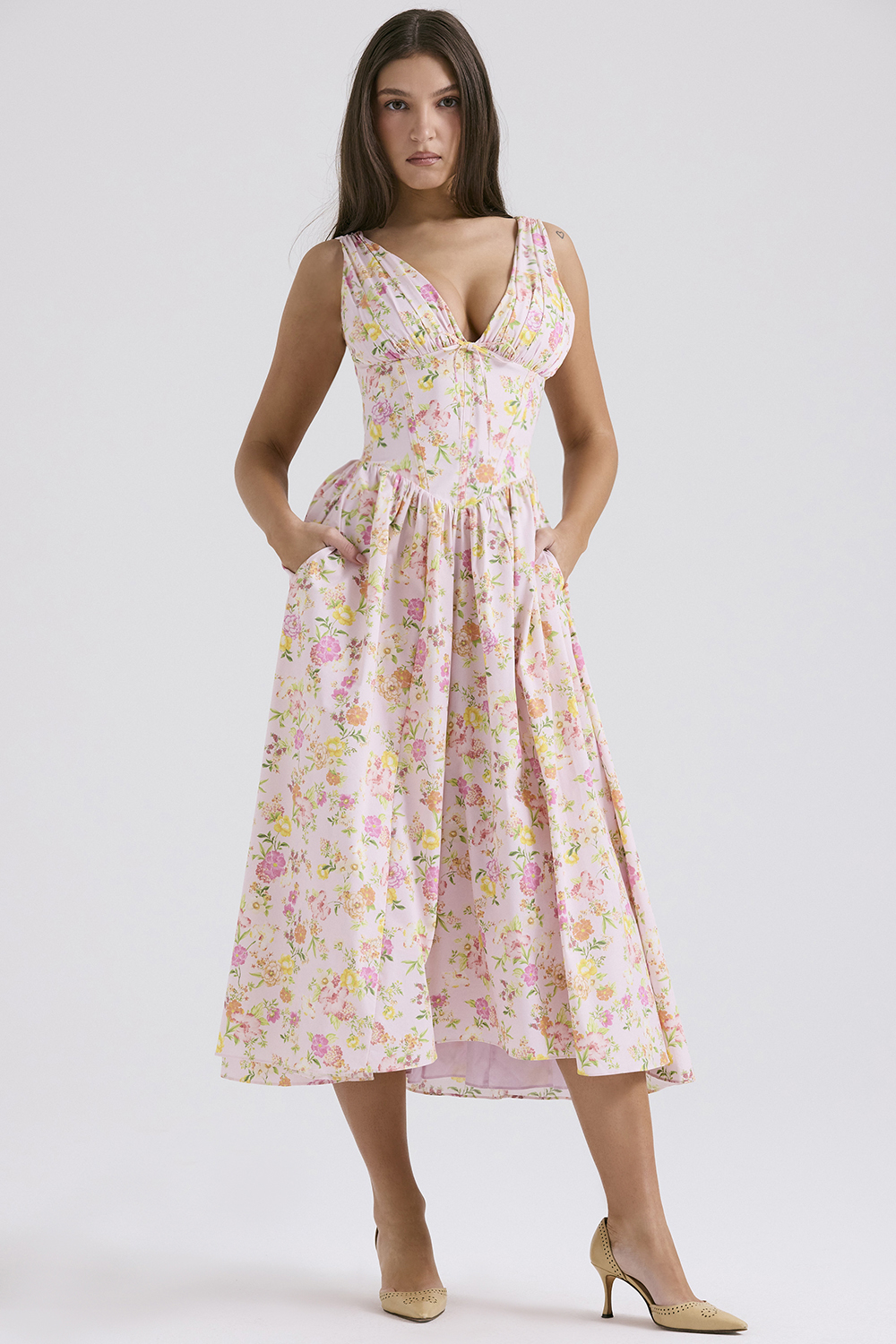 Emmelina Pink Meadow Print Cotton Corset Sundress