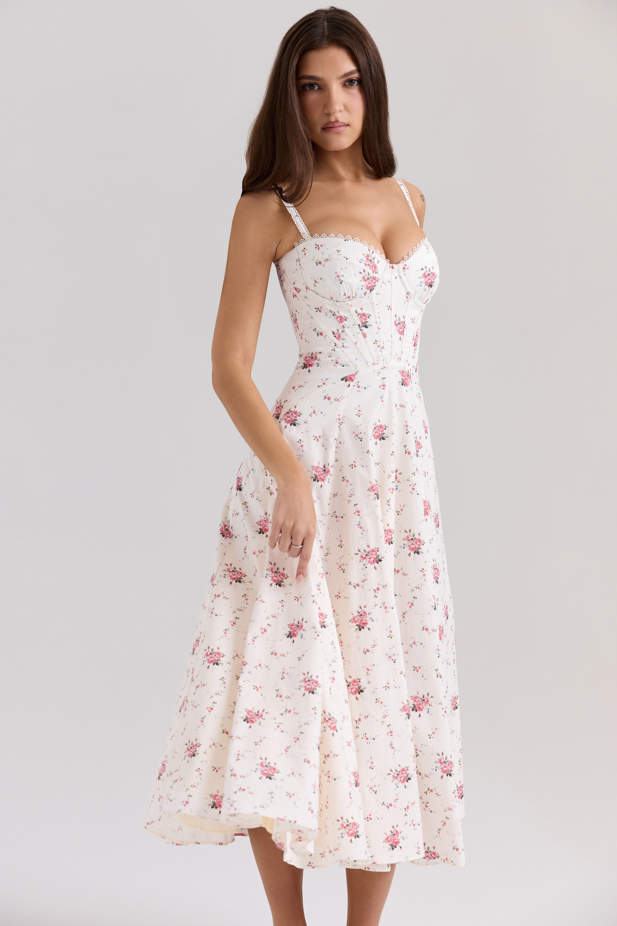 Steffani White Stretch Cotton Rose Print Midi Sundress