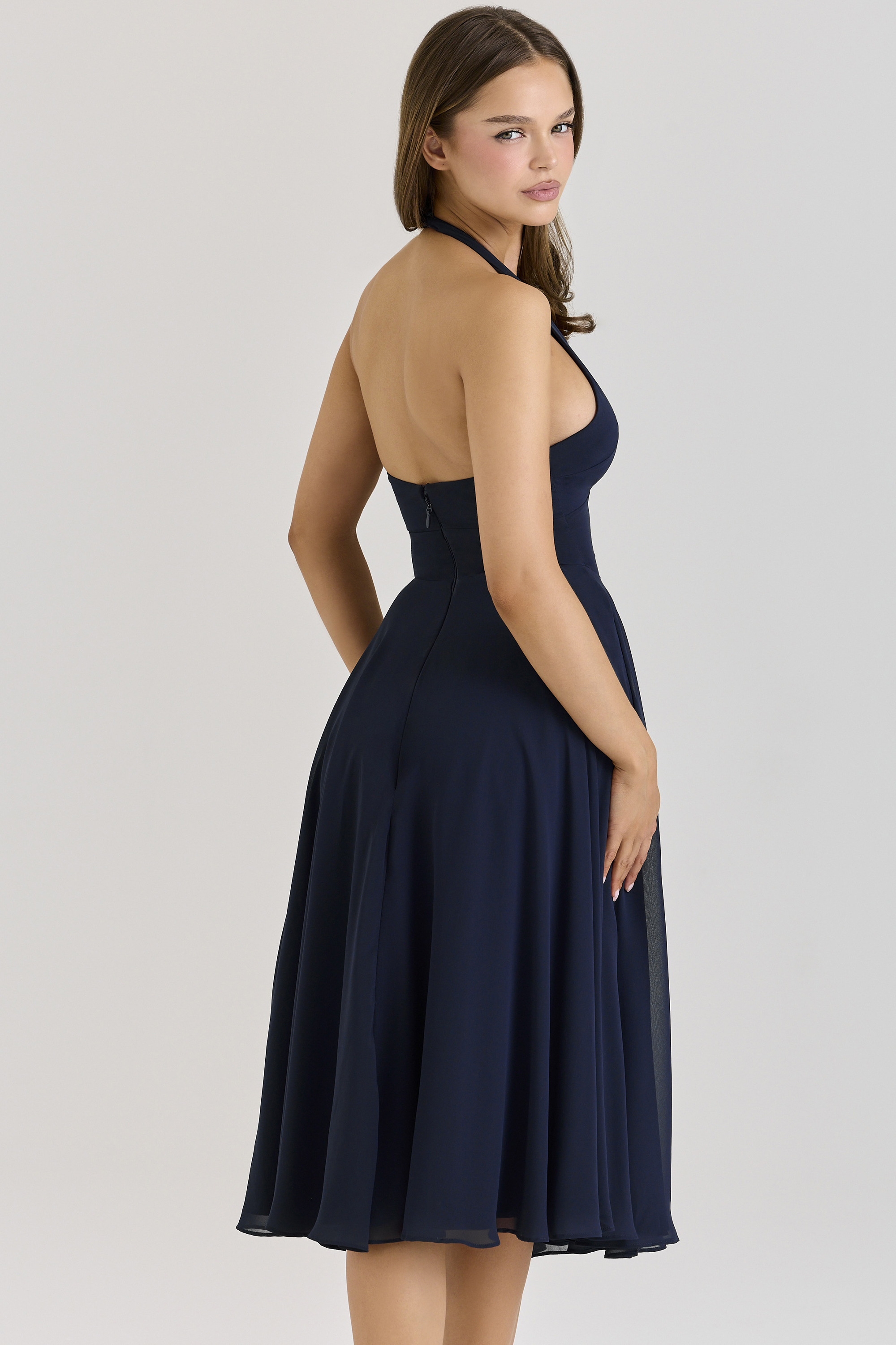 Solada Navy Georgette Halter Midi Dress