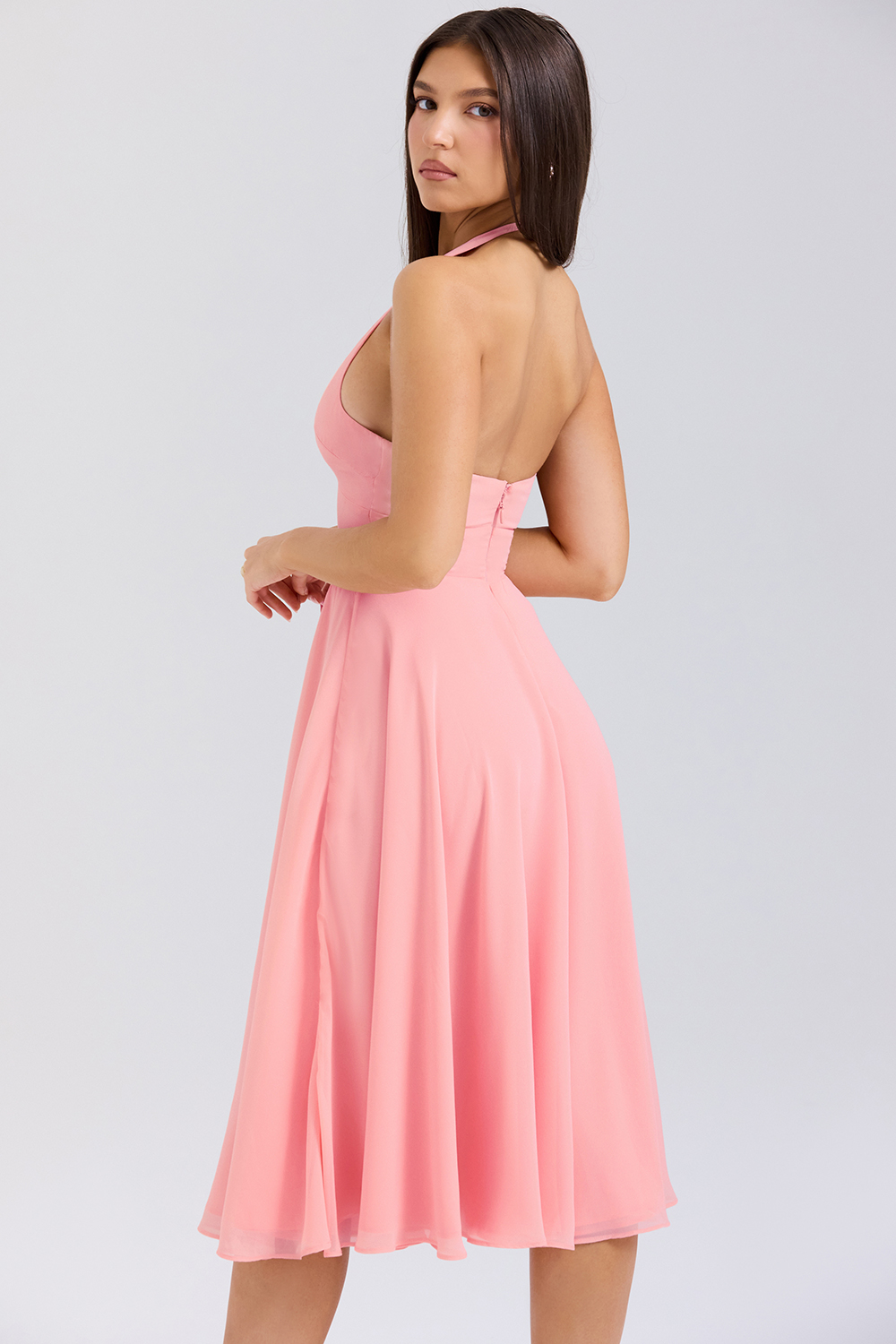 Solada Peach Georgette Halter Sundress