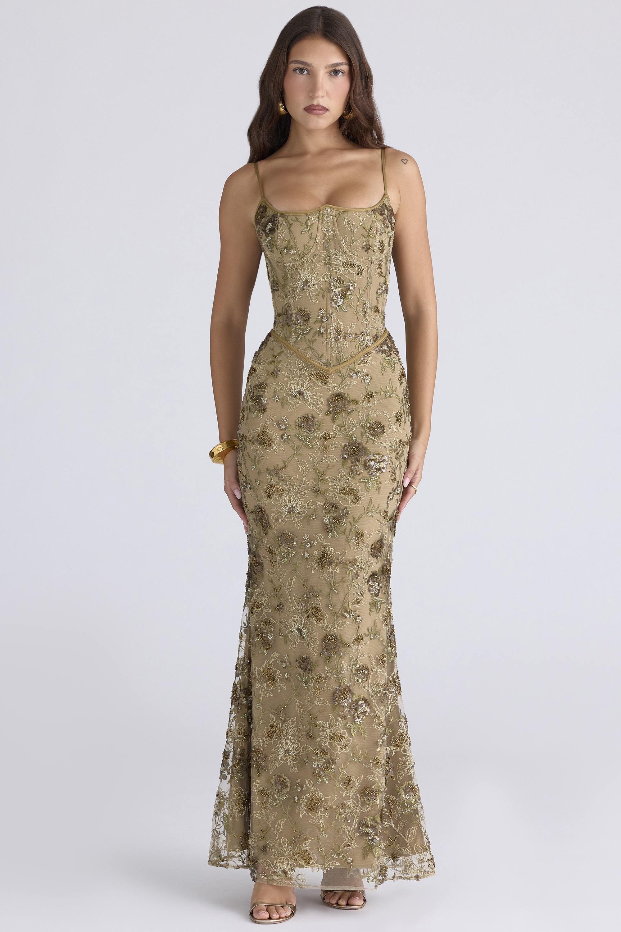 Naima Olive Bronze Hand Beaded Embellished Corset Maxi Dress - Limited Edition