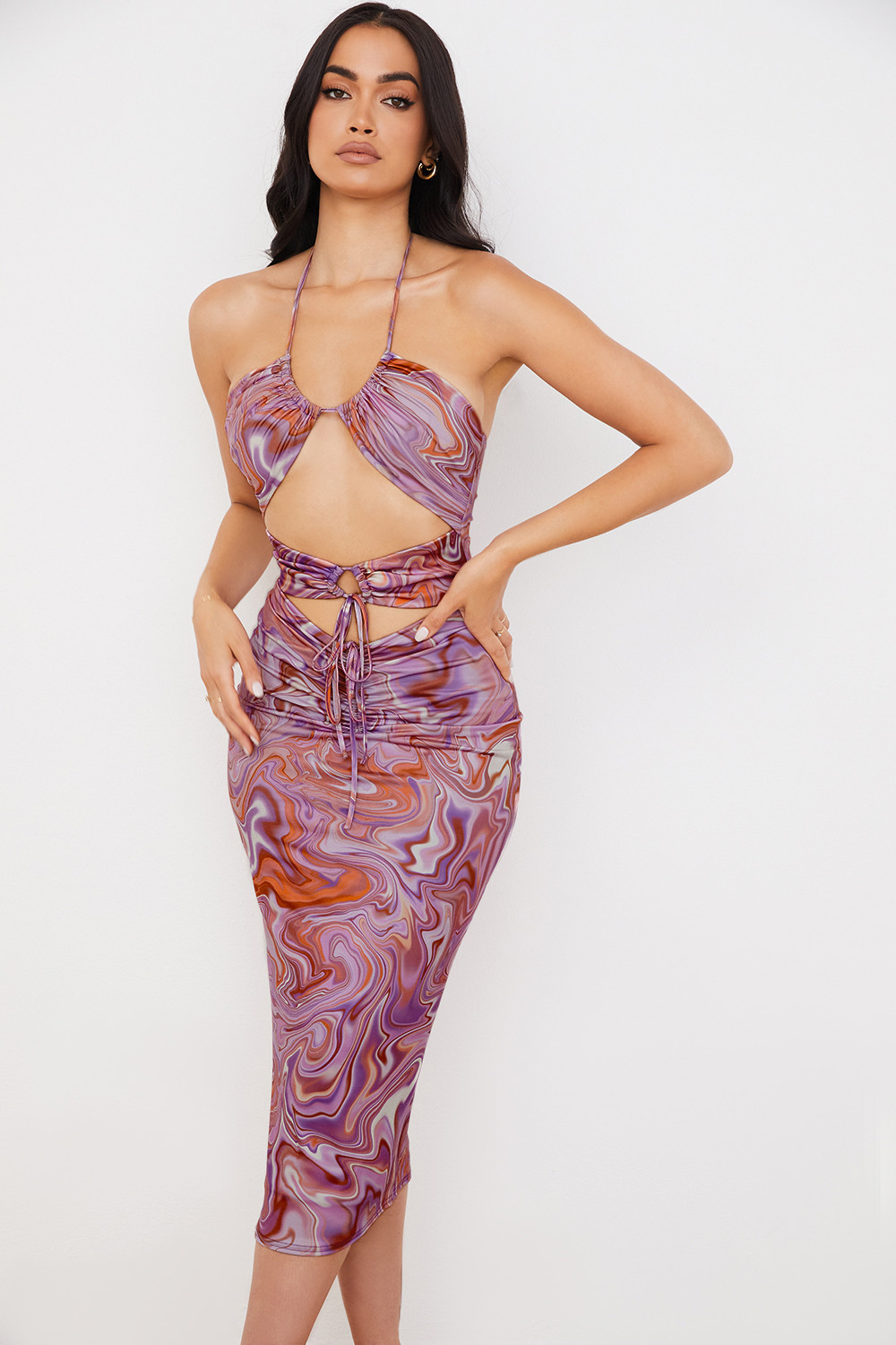 Kasia Purple Swirl Cutout Midi Dress