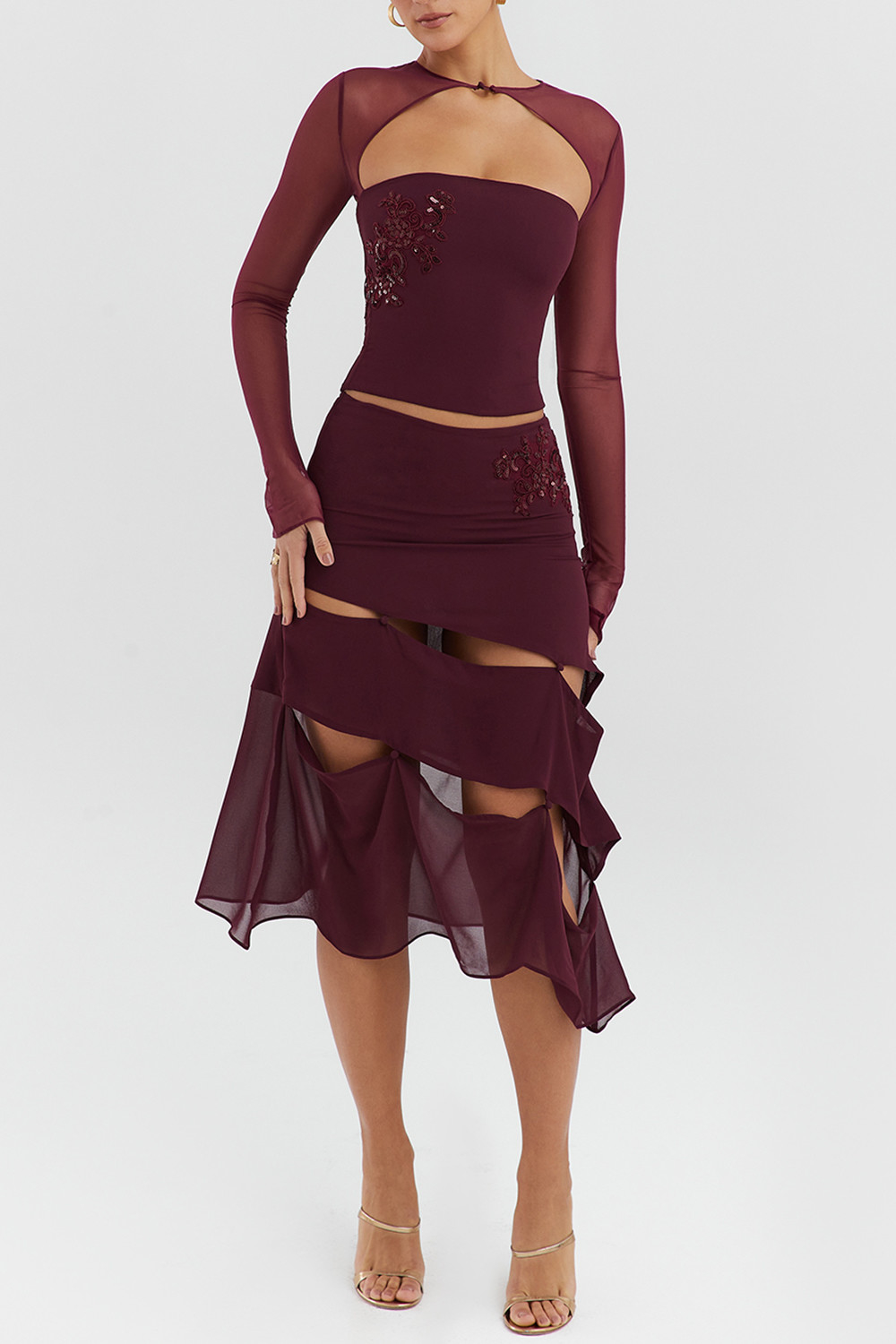 Mistress Rocks Black Cherry Embellished Midi Skirt - SALE