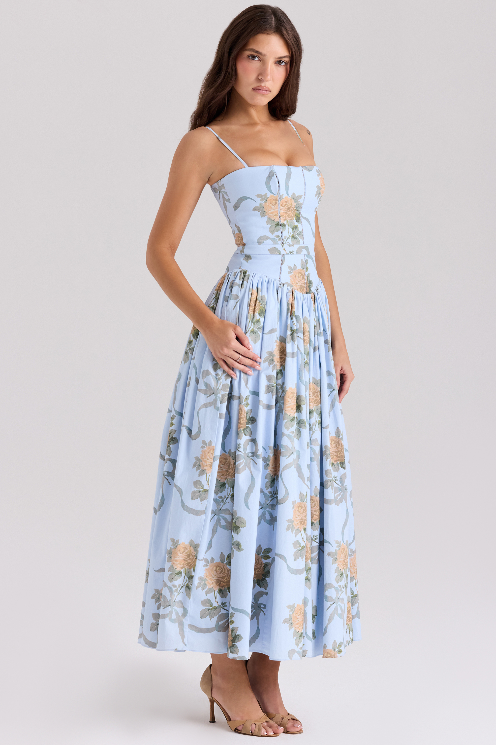 Ysabella Blue Vintage Rose Print Cotton Midi Sundress