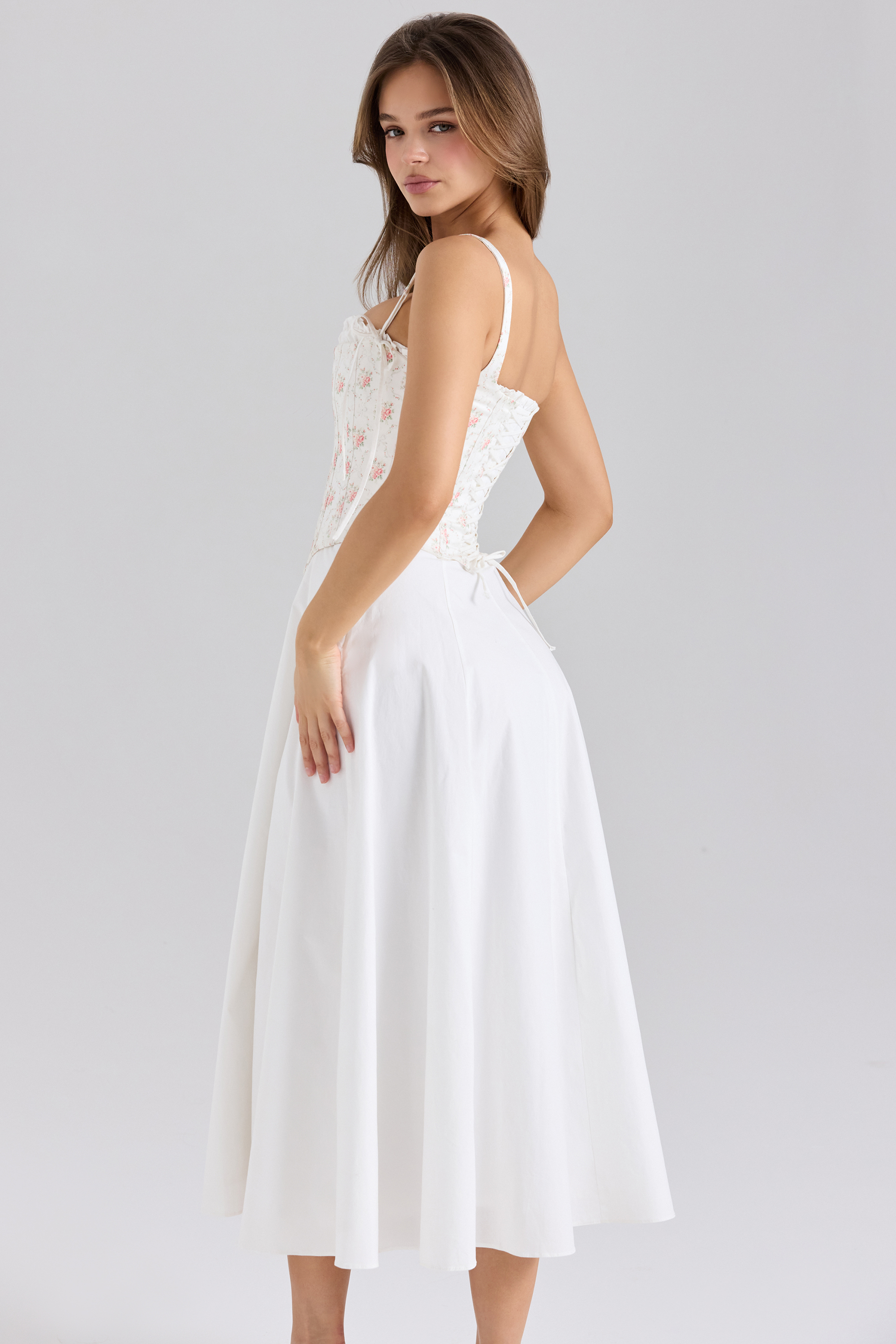 Clarabelle Rose Print Cotton Detachable Corset Midi Sundress