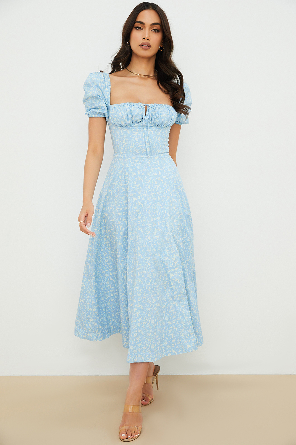 Tallulah Blue Ivory Floral Puff Sleeve Midi Dress