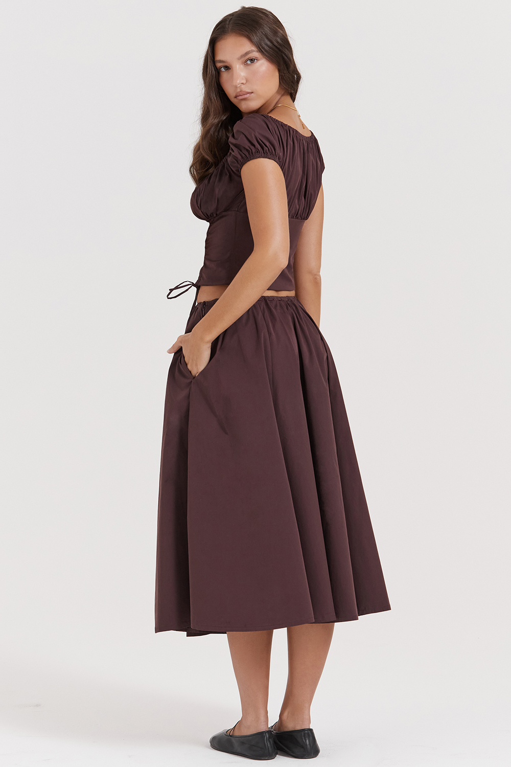 Cora Rich Brown Gathered Midi Skirt