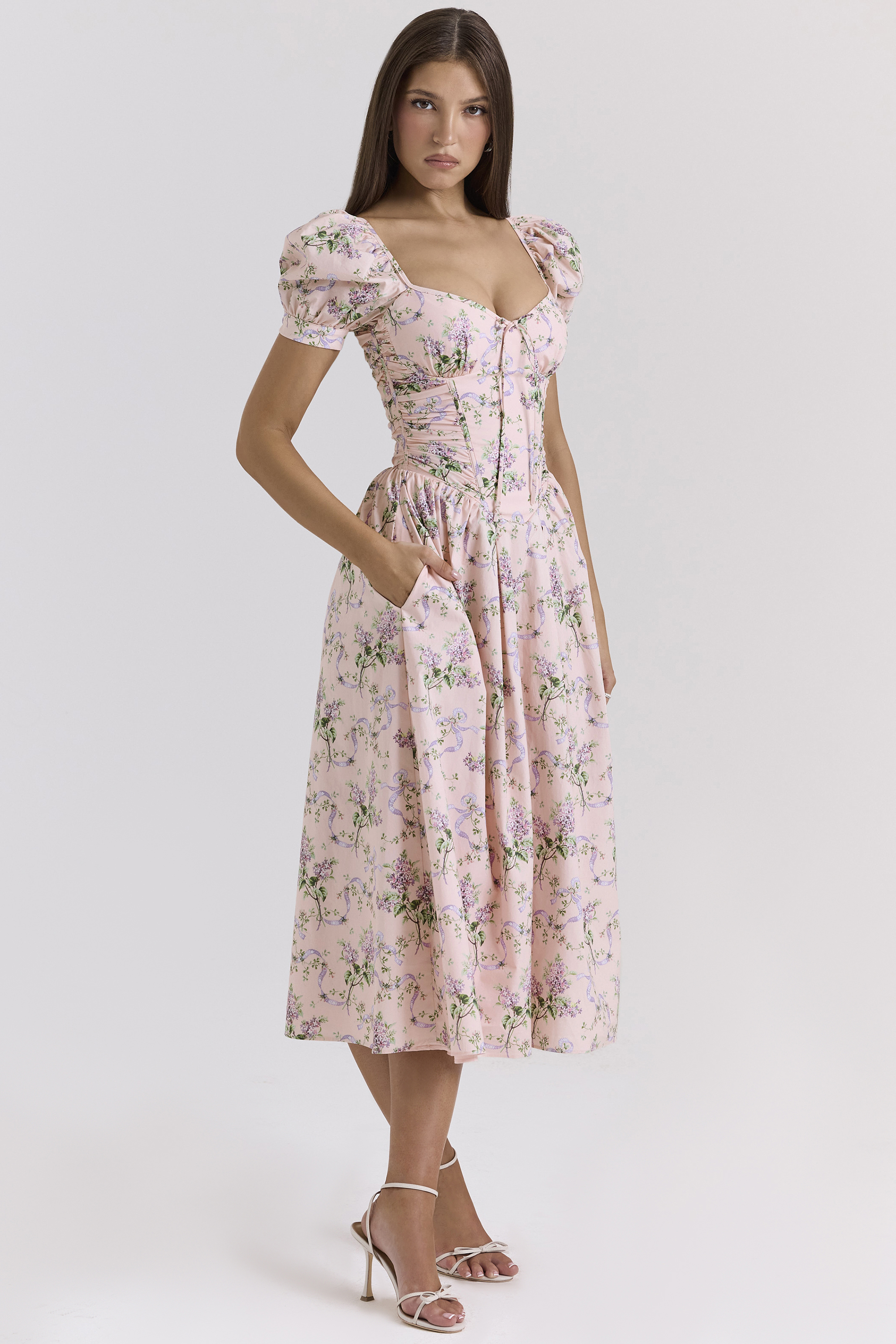 Lulabell Pink Ribbon Print Cotton Midi Dress