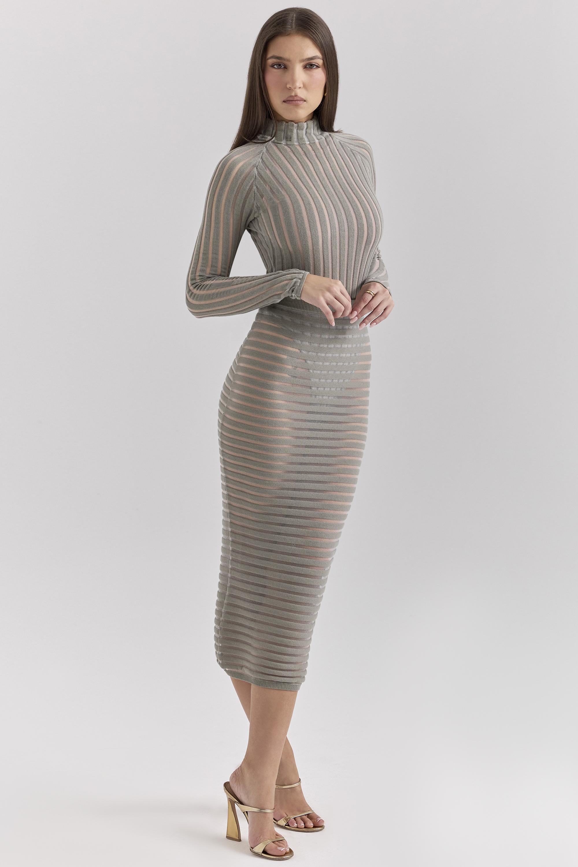 Margo Grey Velour Sheer Striped Midi Skirt