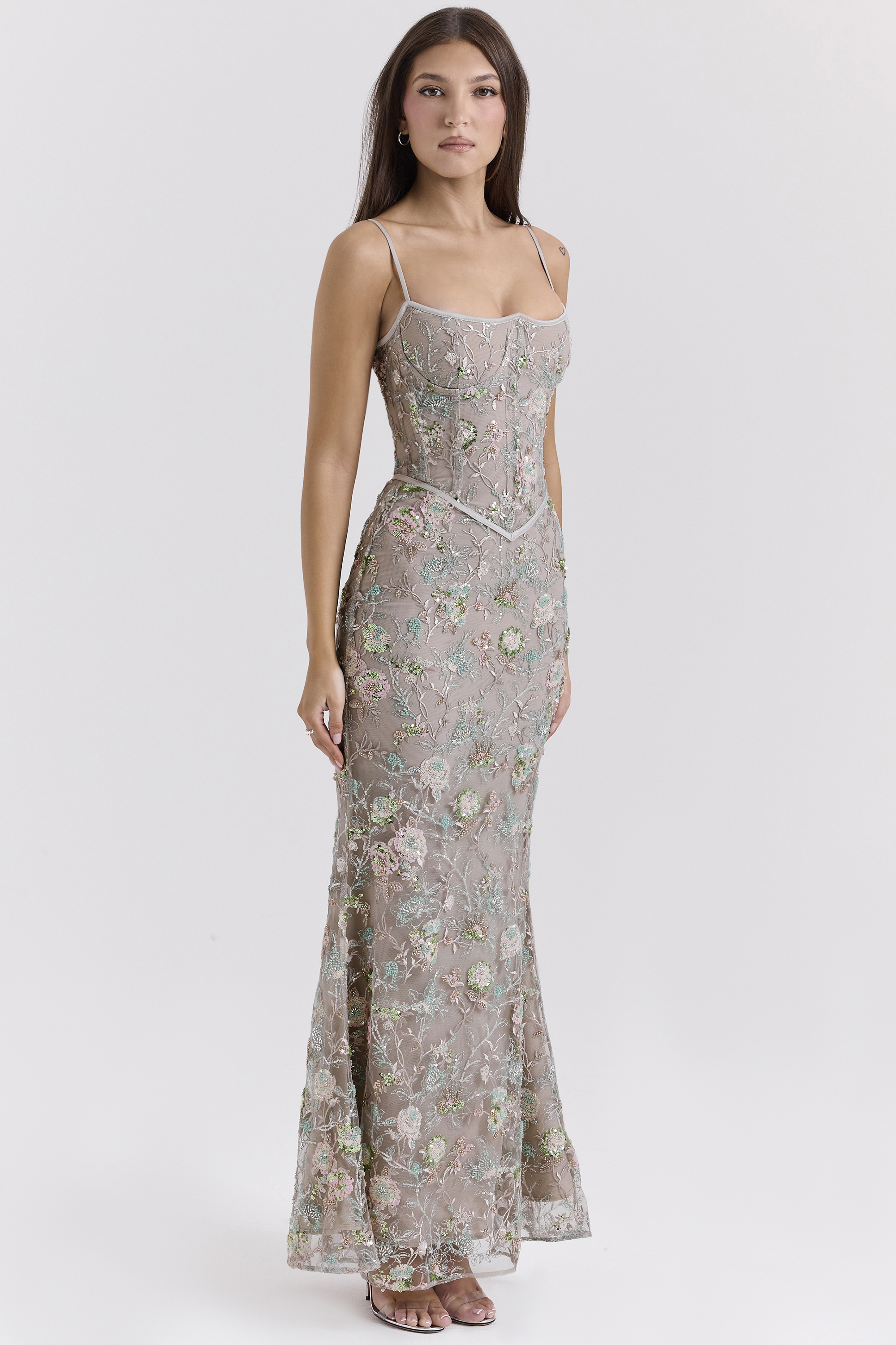 Naima Silver Embellished Beaded Corset Maxi Dress