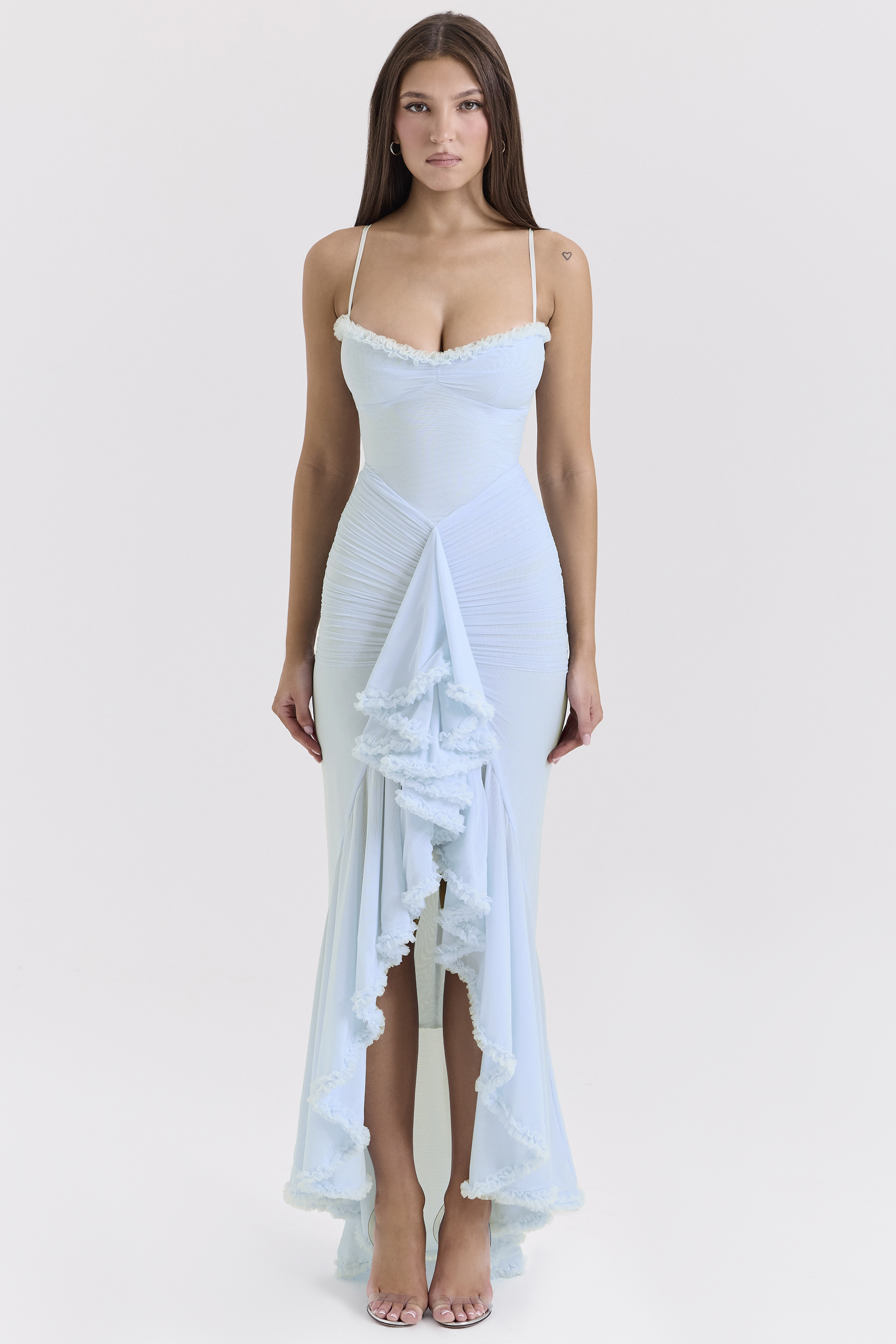Gabbi Ice Blue Mesh Ruffled Front Gown
