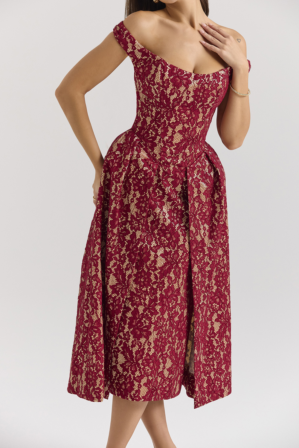 Charming Gold and Berry Lace Midi Off Shoulder Dress
