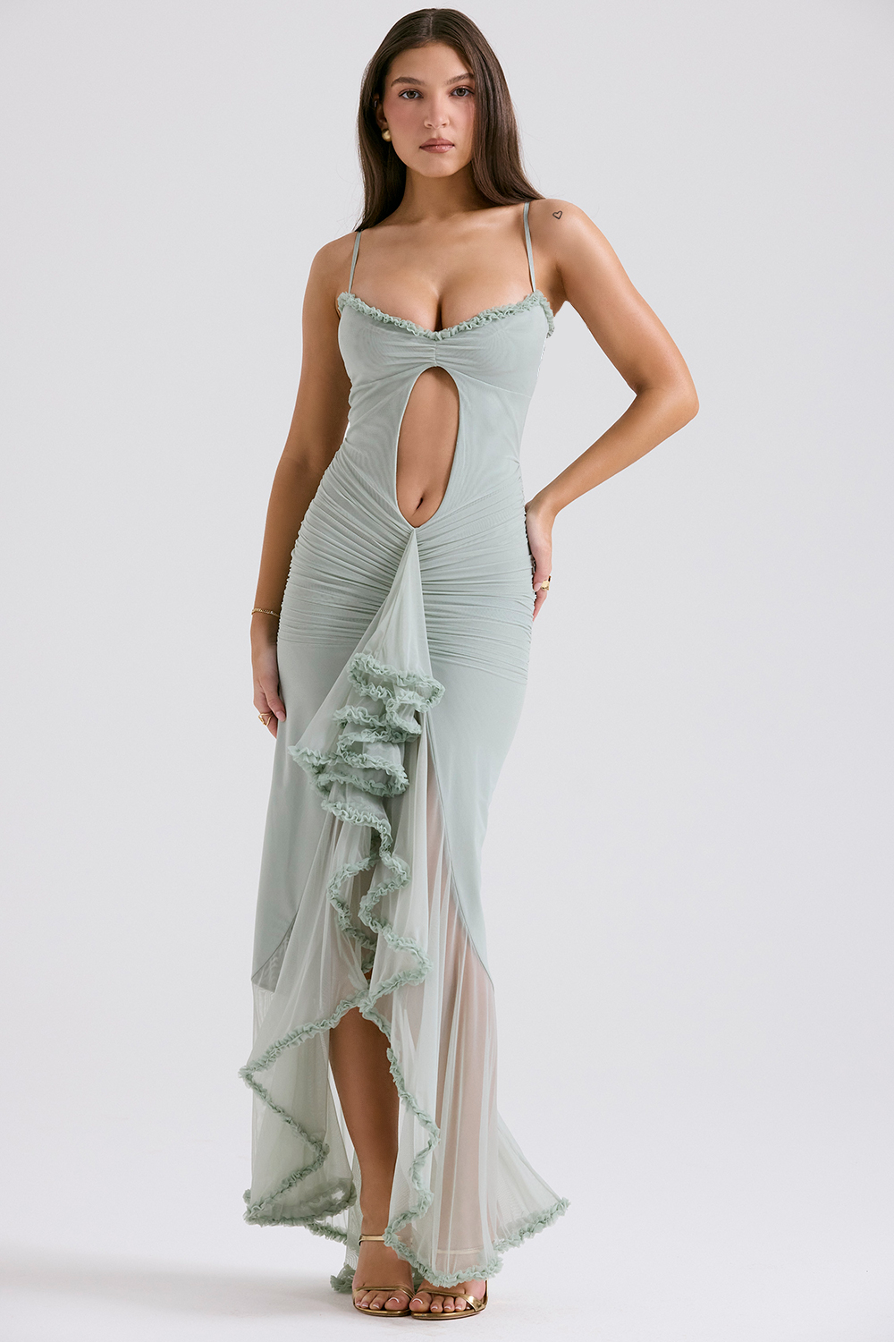 Gabriella Pistachio Ruffled Front Gown