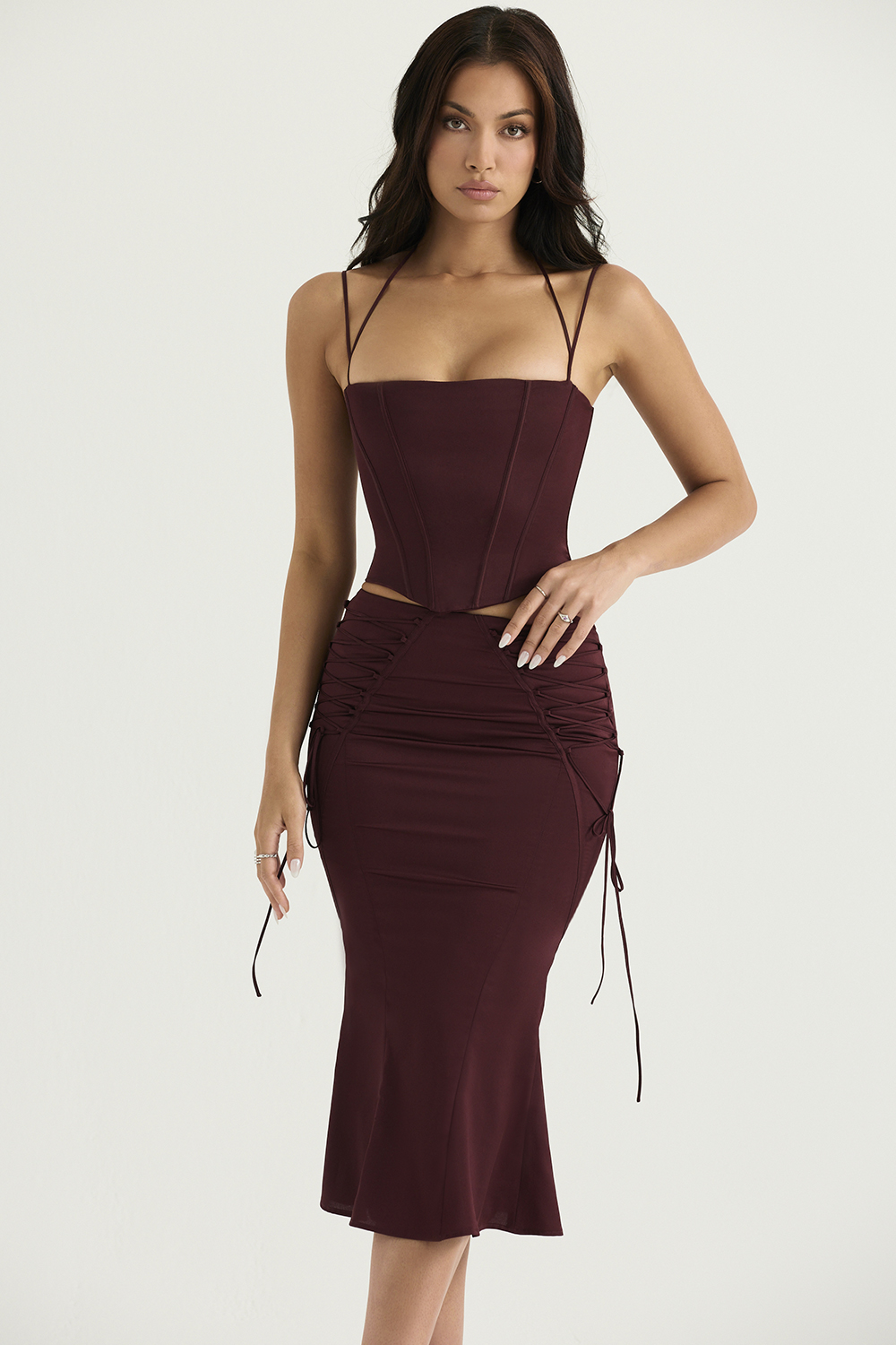 Sidonie Wine Satin Lace Up Midi Skirt