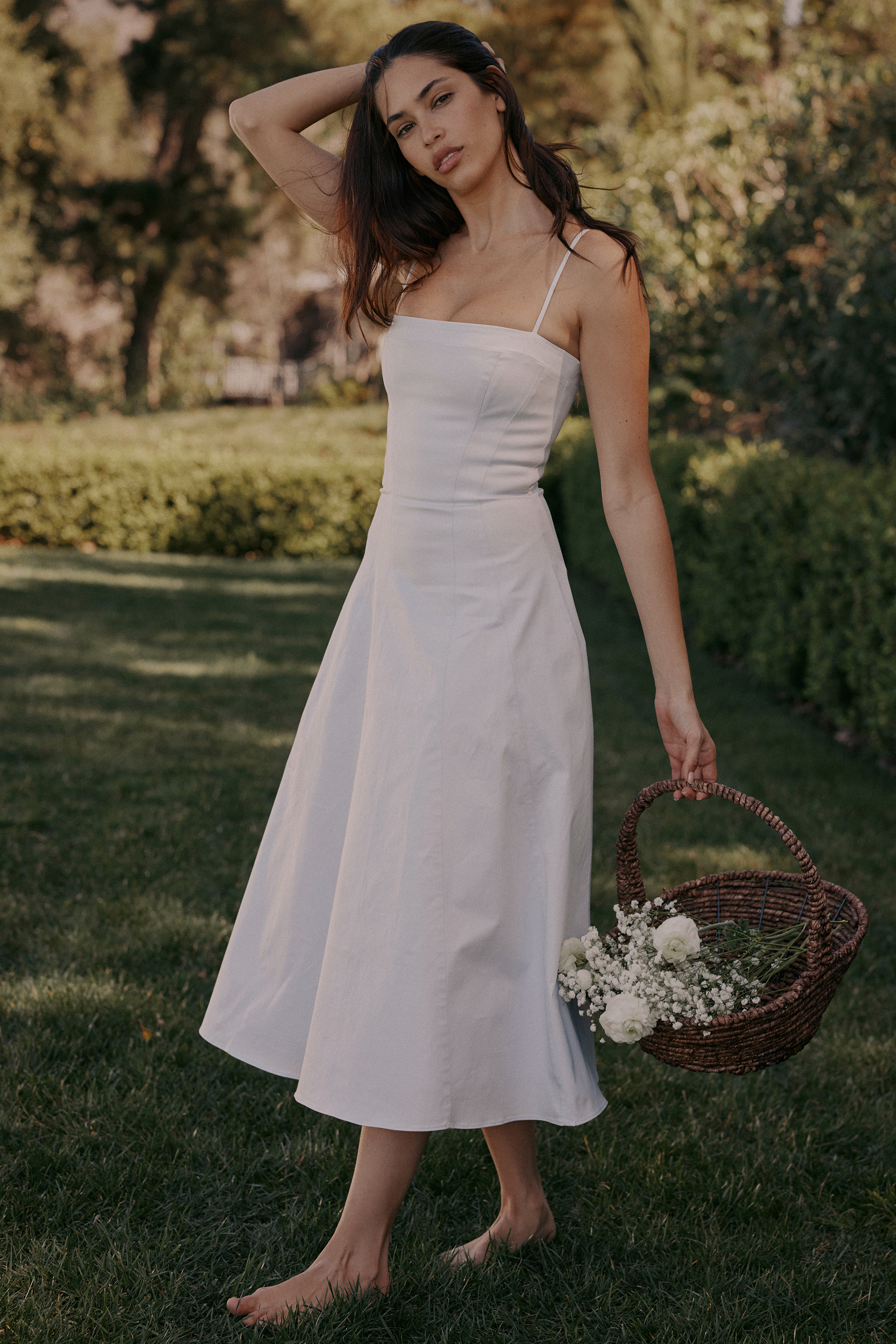 Dolly White Stretch Cotton A-Line Midi Sundress