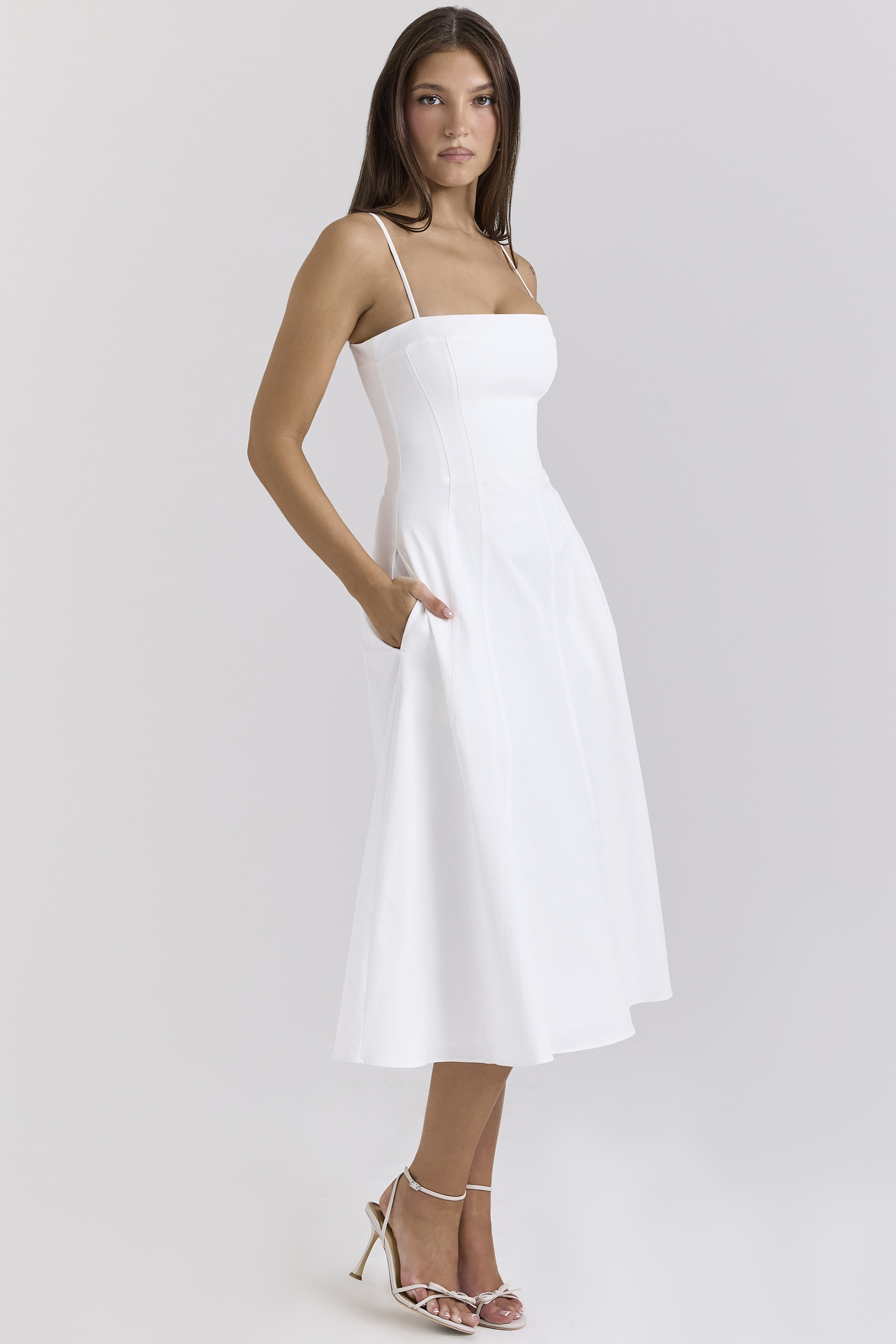 Dolly White Stretch Cotton A-Line Midi Sundress