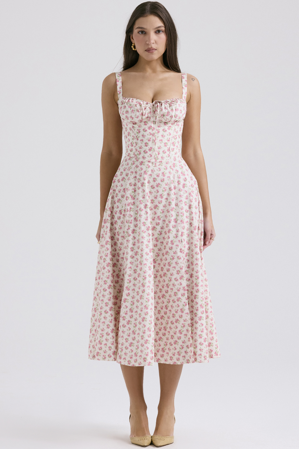 Carmen White Rosebud Print Cotton Bustier Sundress