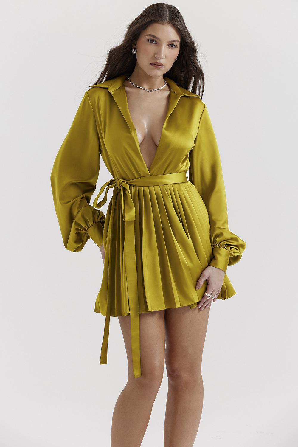 Allegra Chartreuse Pleated Shirt Dress