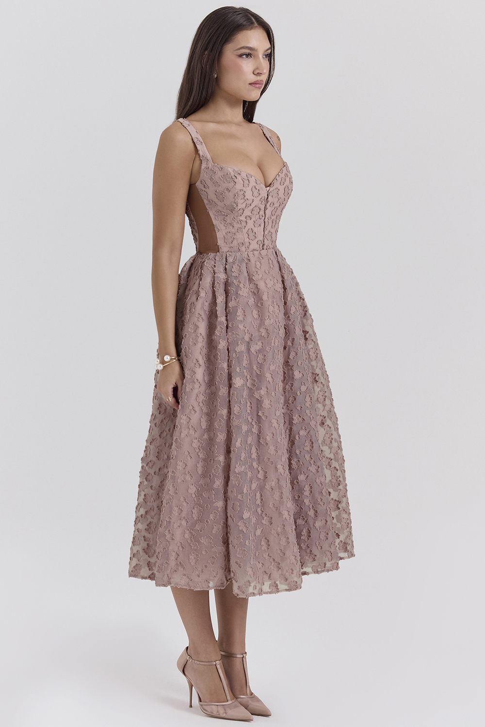 Lovely French Rose Jacquard Sweetheart Neckline Midi Dress - SALE