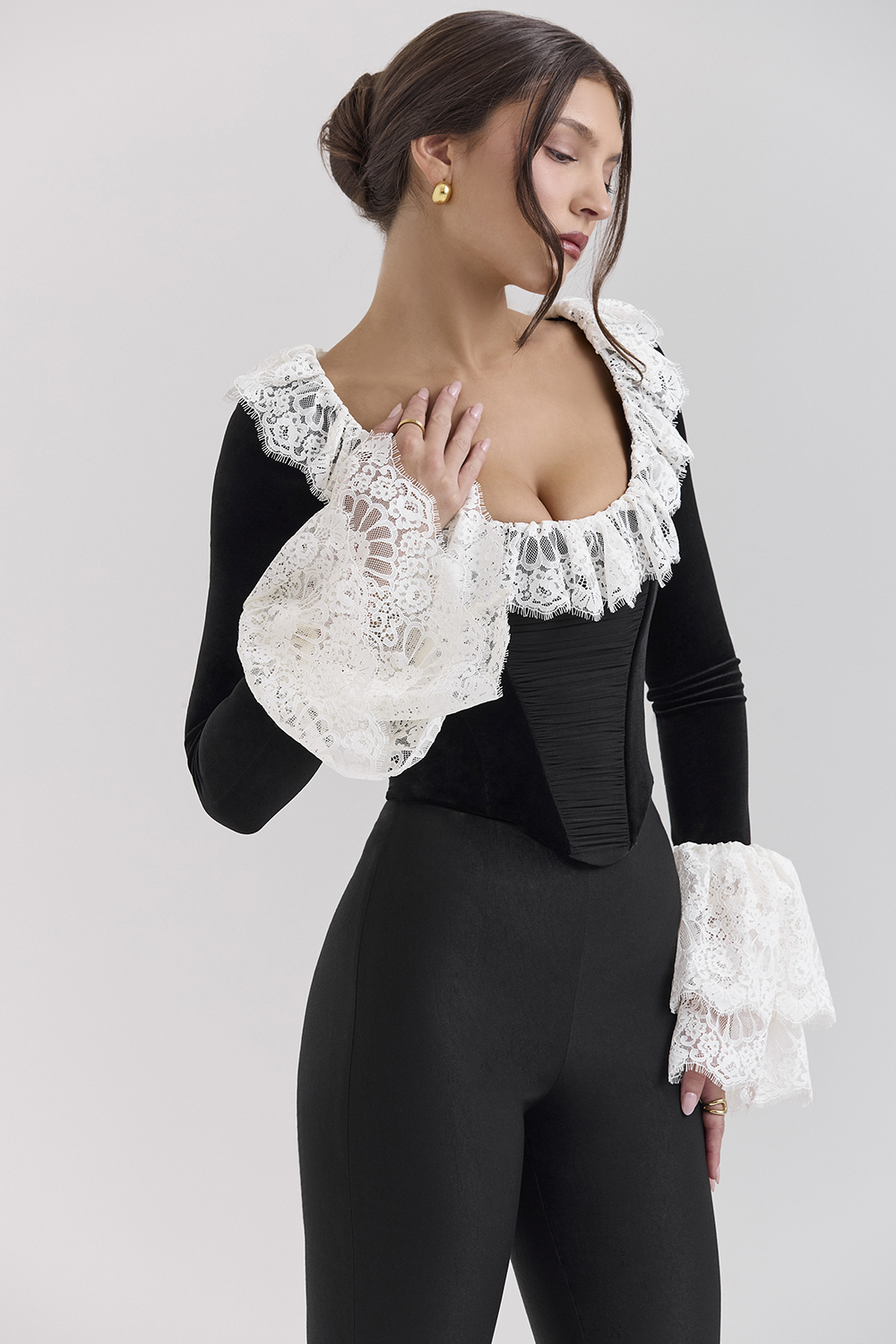Jacinda Black Velvet Lace Trimmed Corset Top - SALE