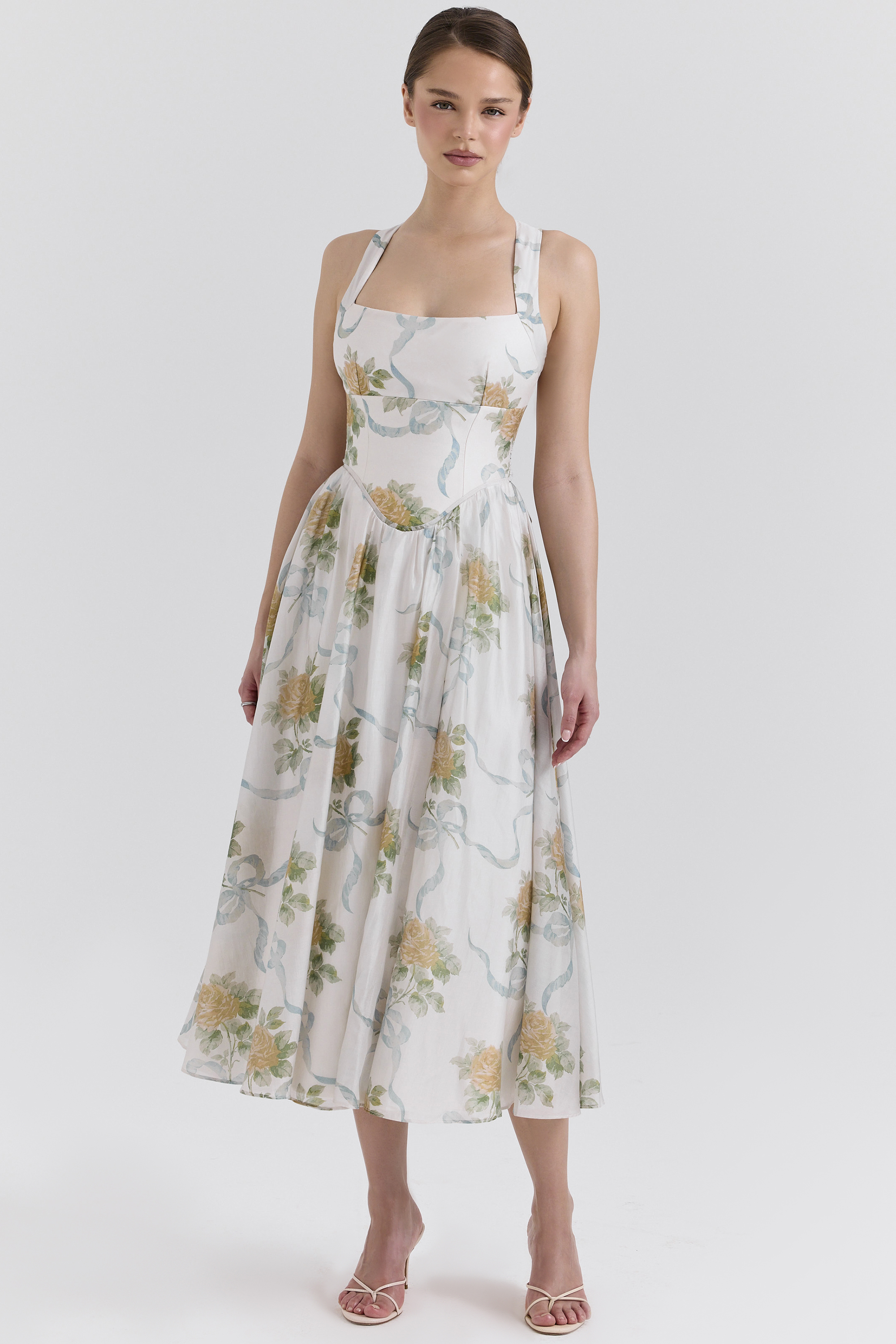 Minerva Soft Blue Vintage Ribbon Print Chiffon Midi Dress