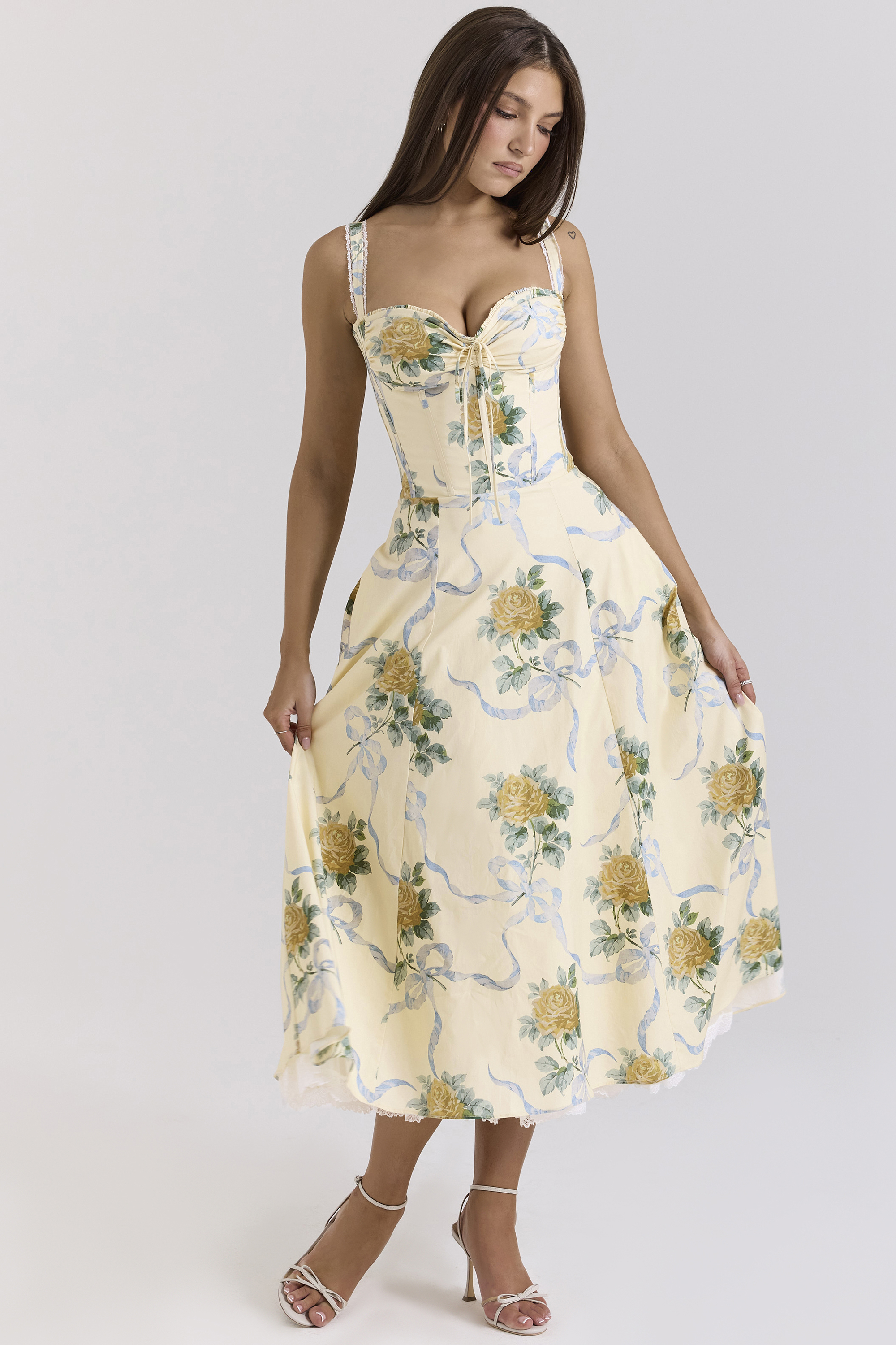 Rosalee Lemon Vintage Ribbon Print Cotton Midi Dress