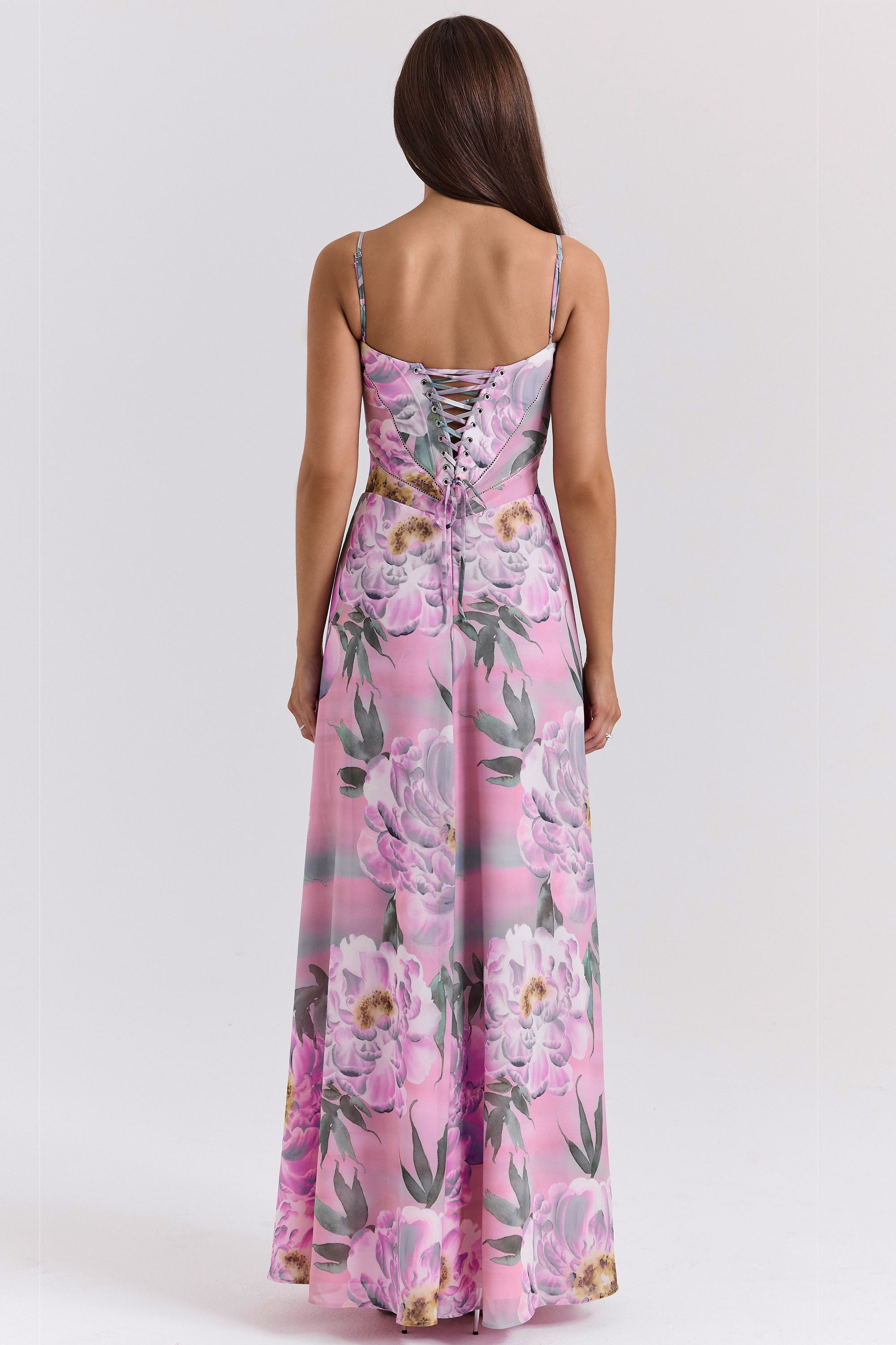 Seren Pink Floral Print Lace Back Maxi Dress