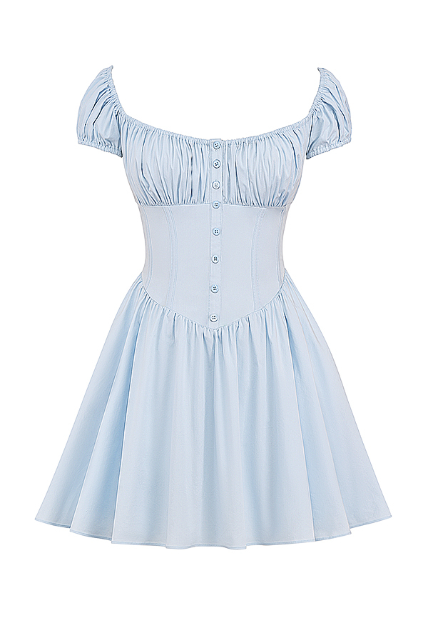Nala Soft Blue Cotton Gathered Mini Dress