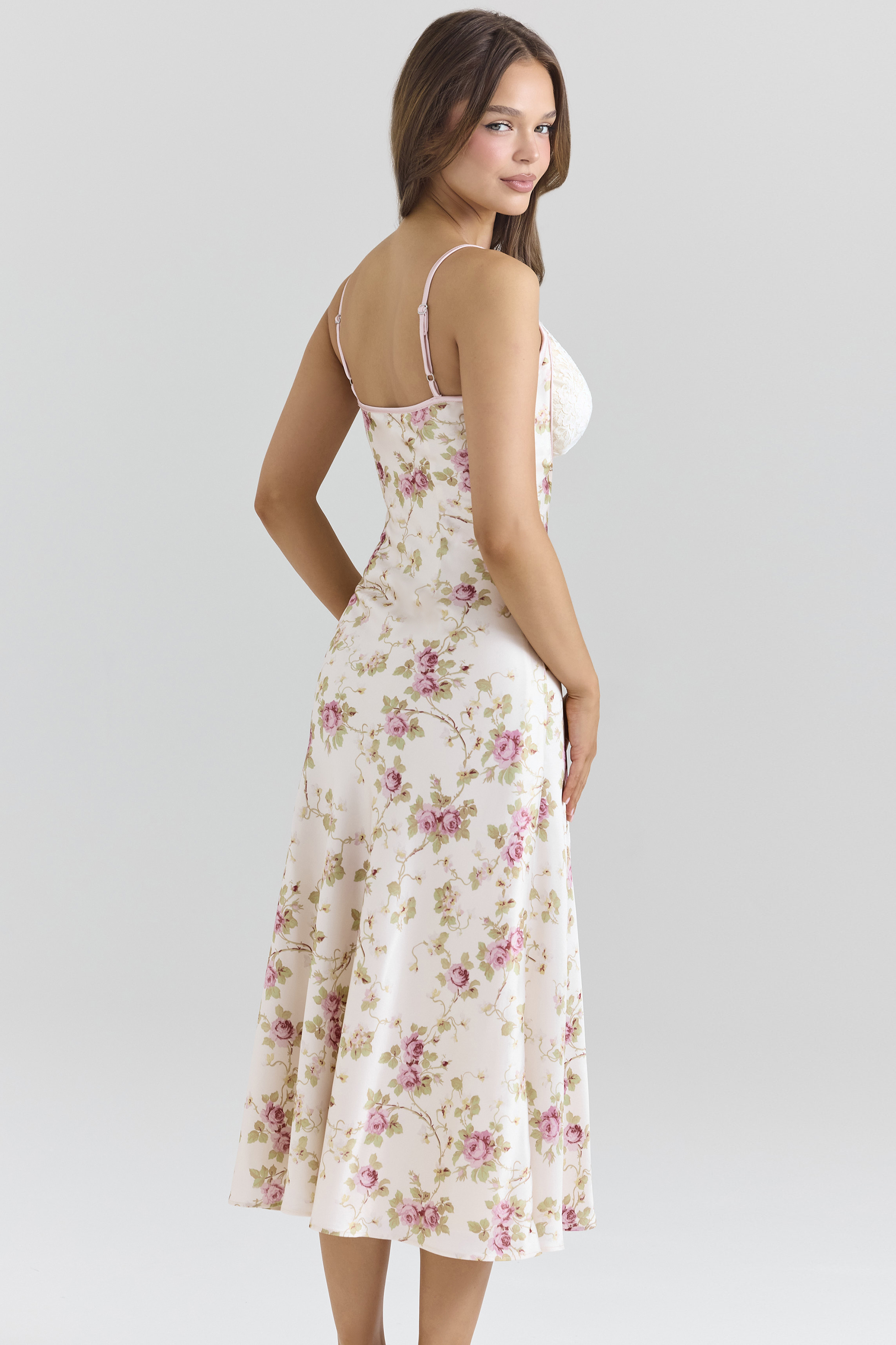 Felicity Ivory Floral Print Satin Bias Cut Midi Dress