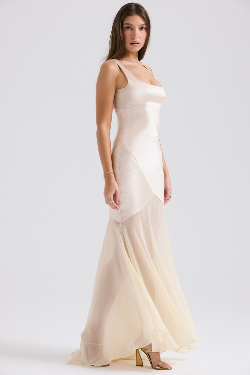 Vittoria Champagne Chiffon Floor Length Gown