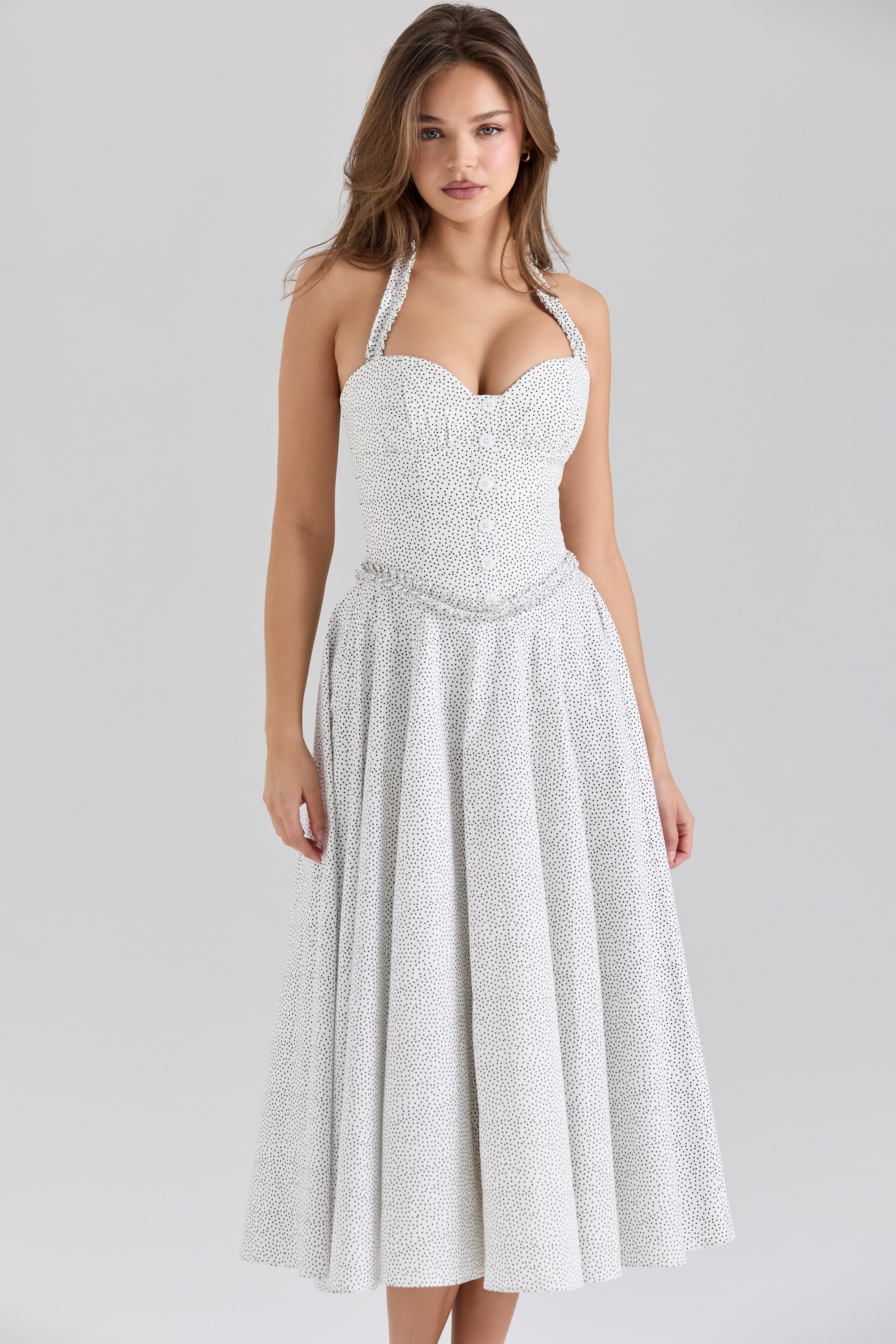 Georgie Cotton Halter Neck Polka Dot Print Midi Dress