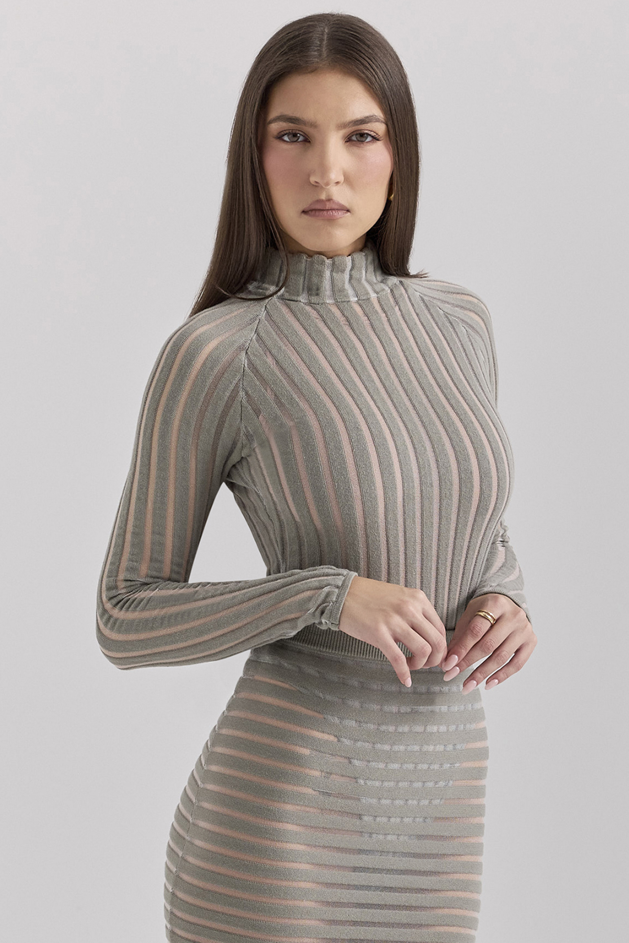 Rowena Grey Velour Sheer Striped Bodysuit