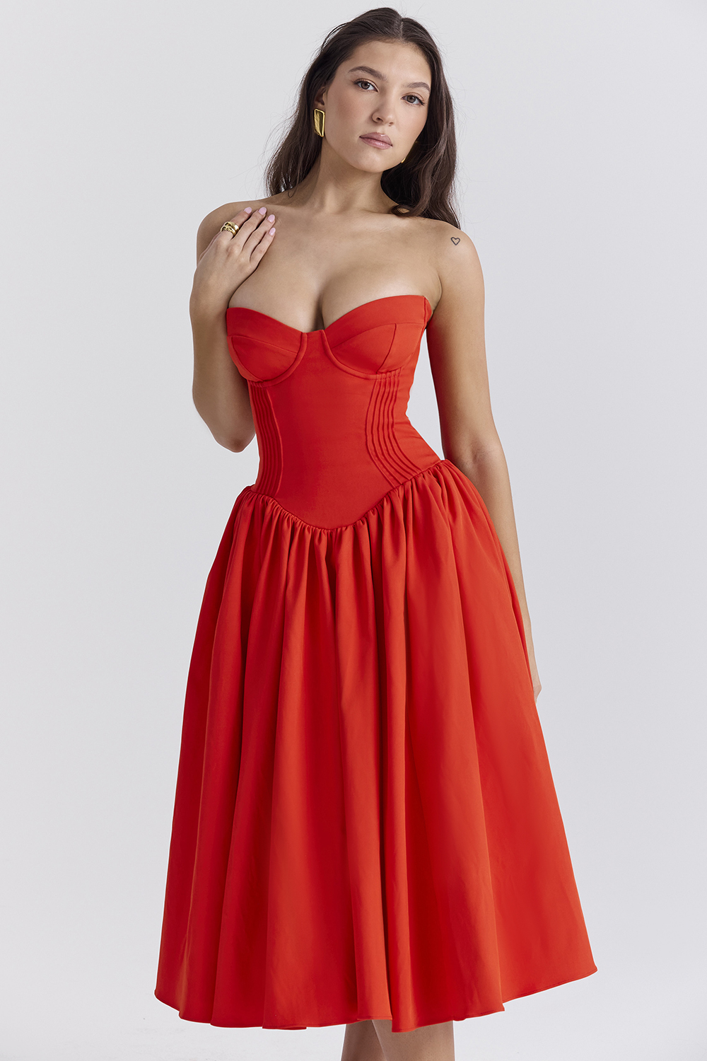Elizabeth Italian Tomato Strapless Midi Sundress