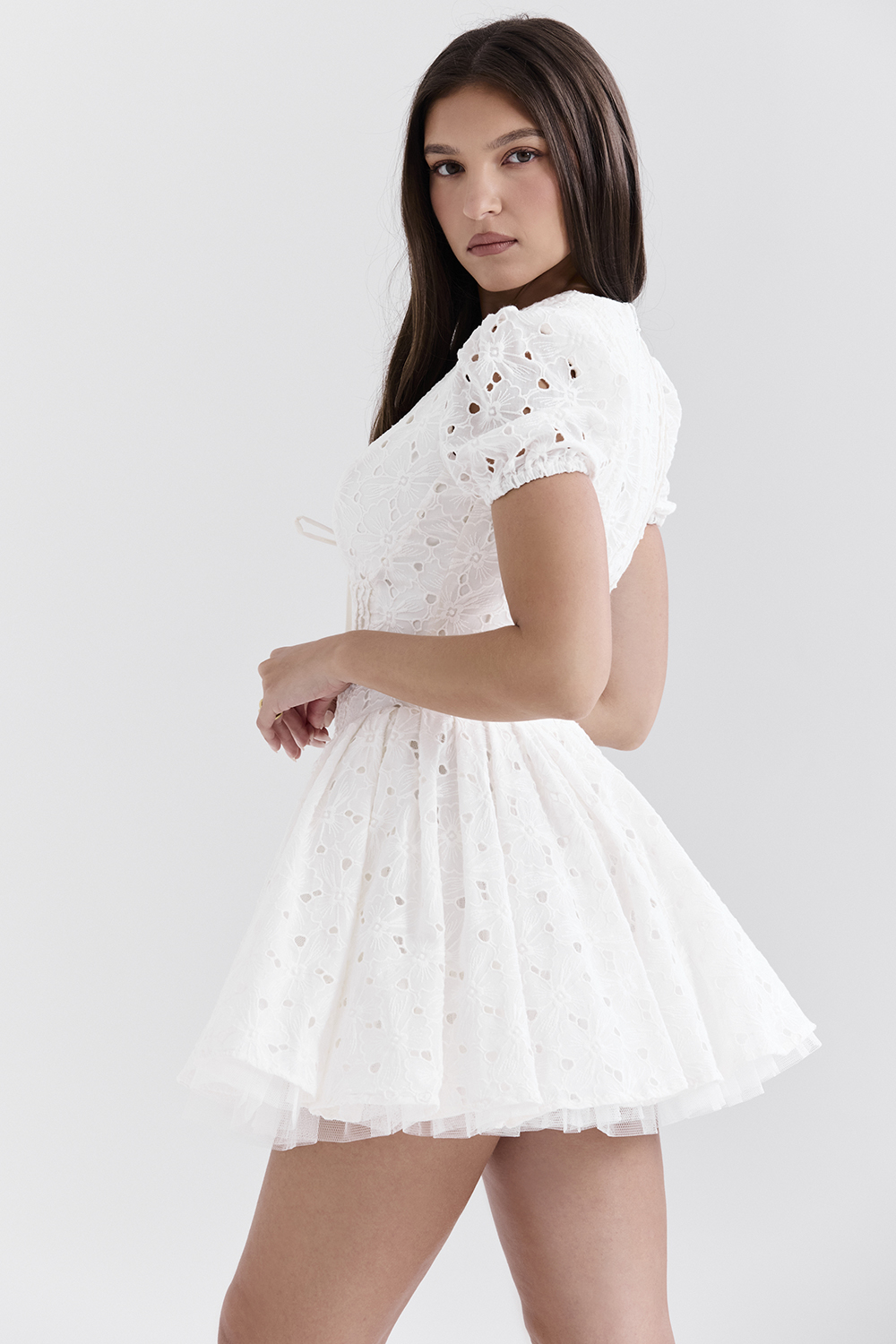Imani White Pleated Broderie Anglais Mini Dress