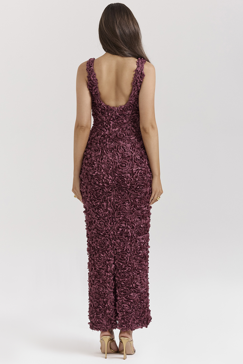 Carena Merlot Plunge Floral Appliqué Maxi Dress