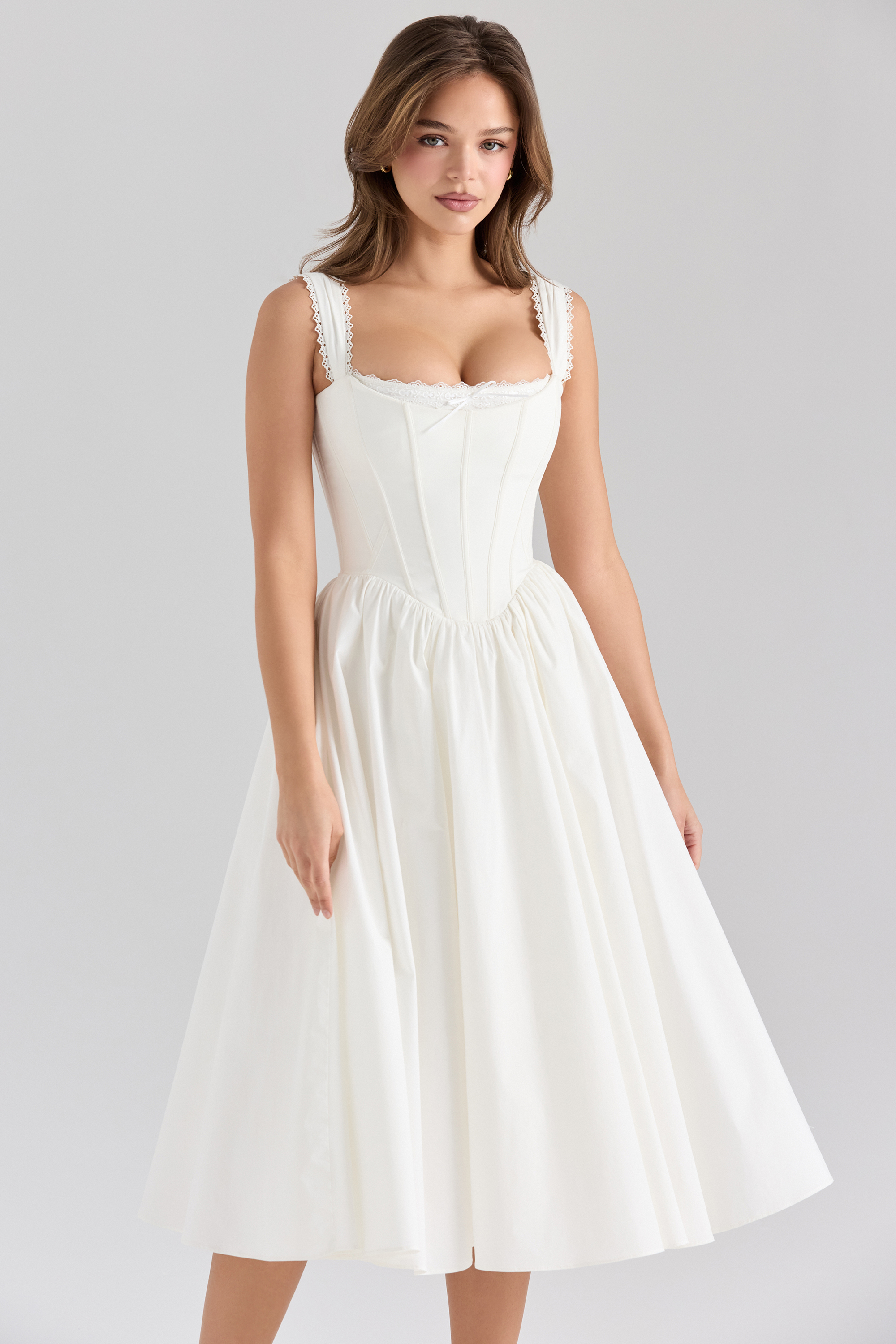 Amara White Stretch Cotton Corset Midi Dress