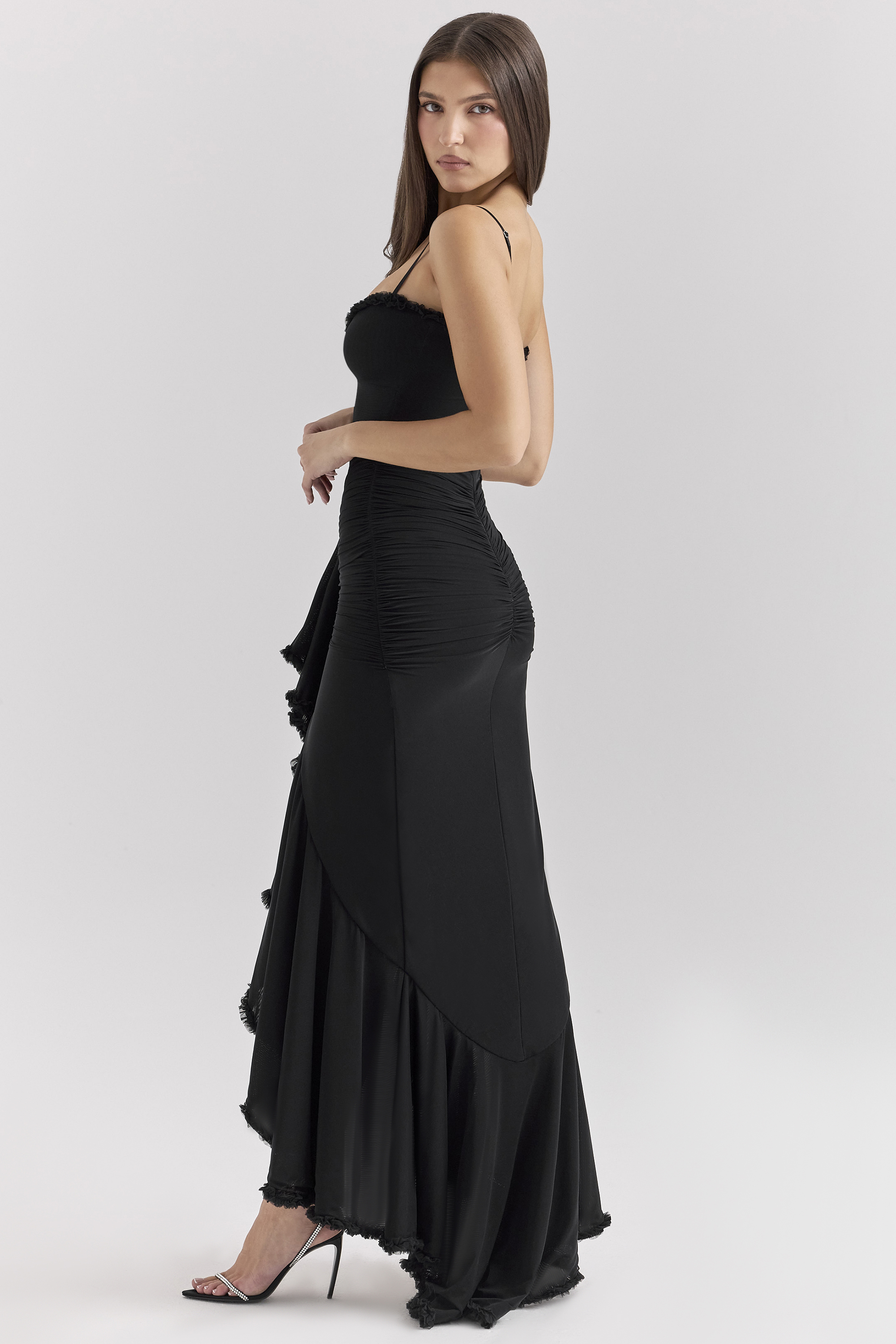 Gabbi Black Mesh Ruffled Front Gown