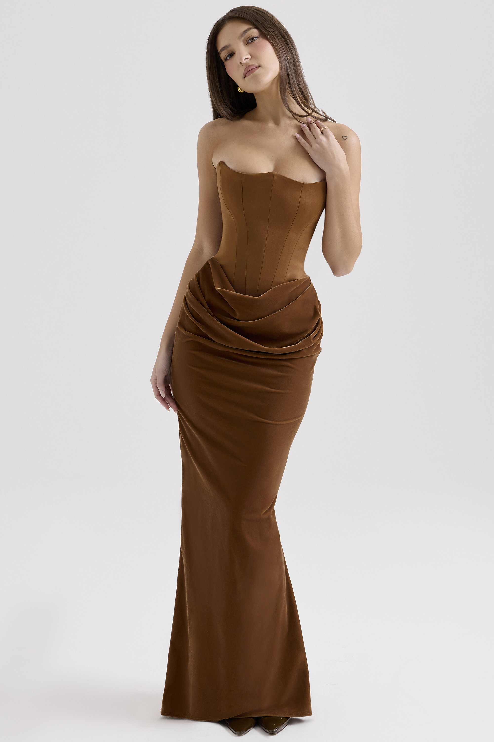 Persephone Coffee Velvet Strapless Corset Maxi Dress