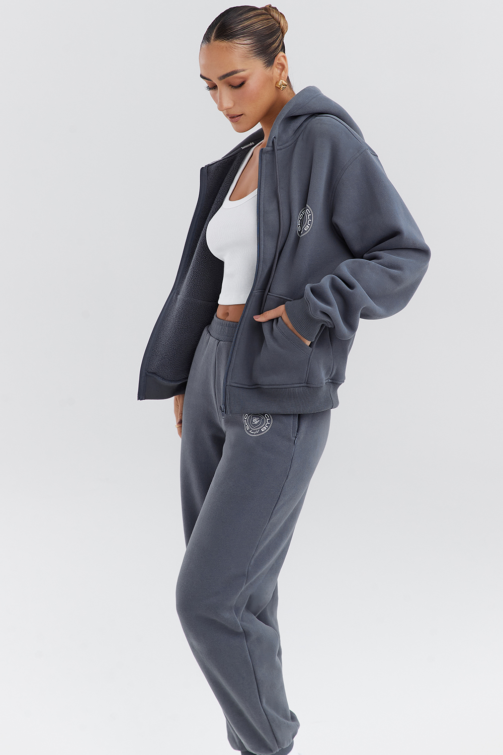 Mirage Slate Cotton Fleece-Back Zip Through Hoodie