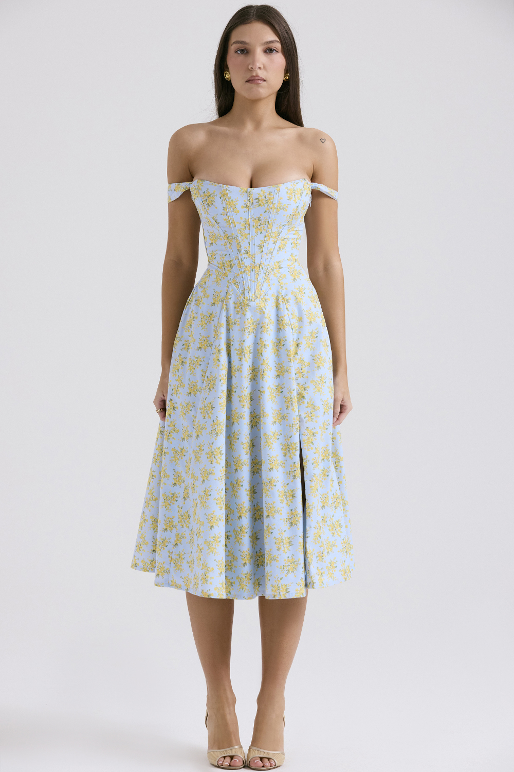 Saira Soft Blue Vintage Floral Print Cotton Midi Sundress